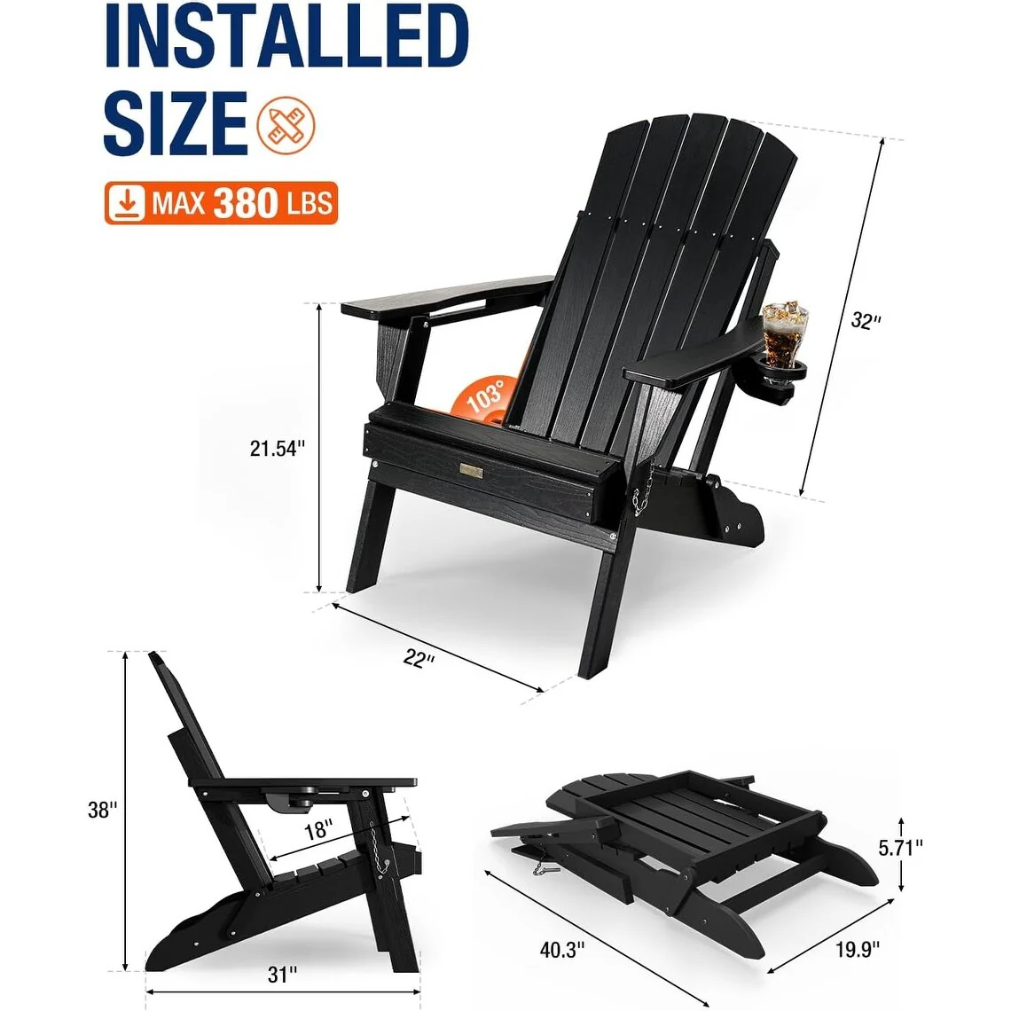 WINSOON All Weather HDPE Outdoor Folding Adirondack Chair With Cup Holder