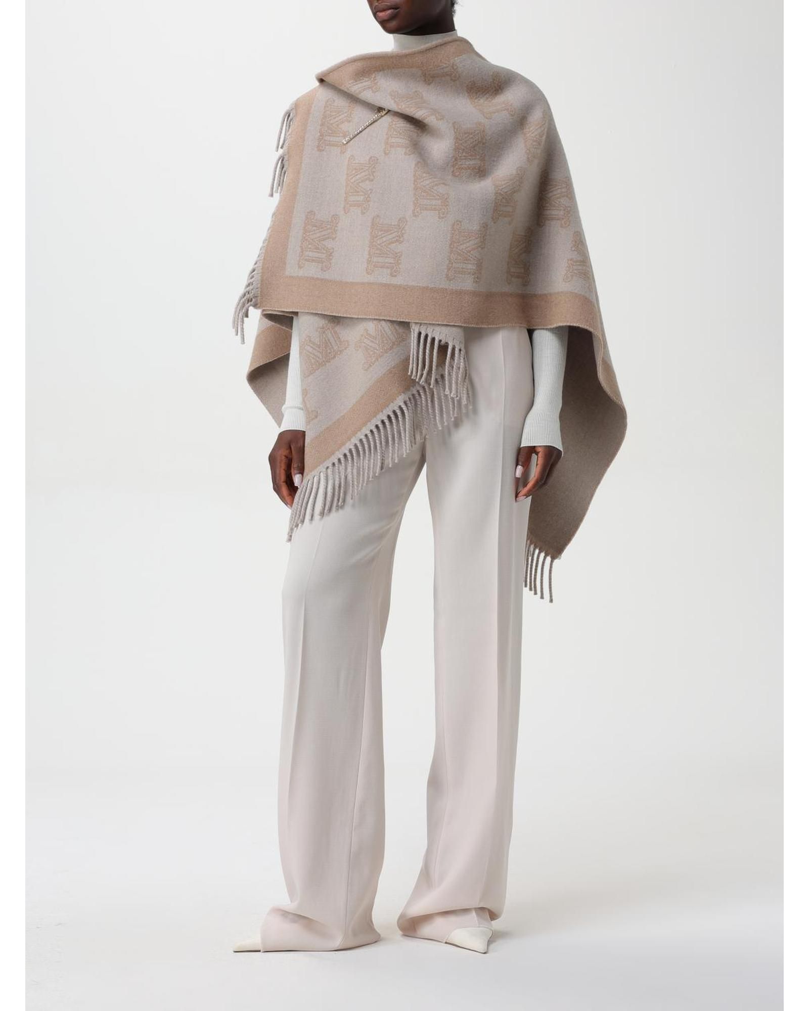 Max Mara Monogram Poncho Fringe Trim Wo - Sand Coats
