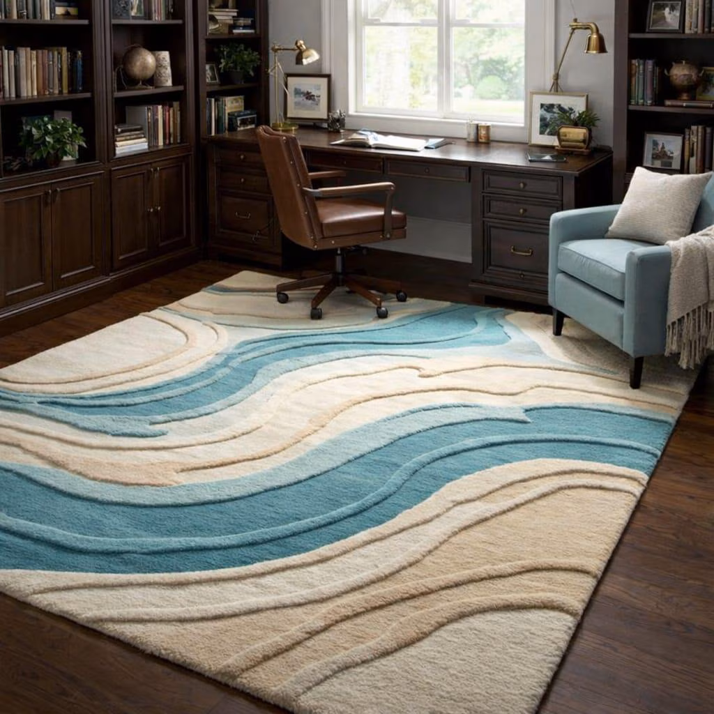 Hand Tufted Teal Ivory Wave Rug, Coastal Wavy Stripe Wool Carpet, Ocean Inspired Floor Mat for Living Room Decor