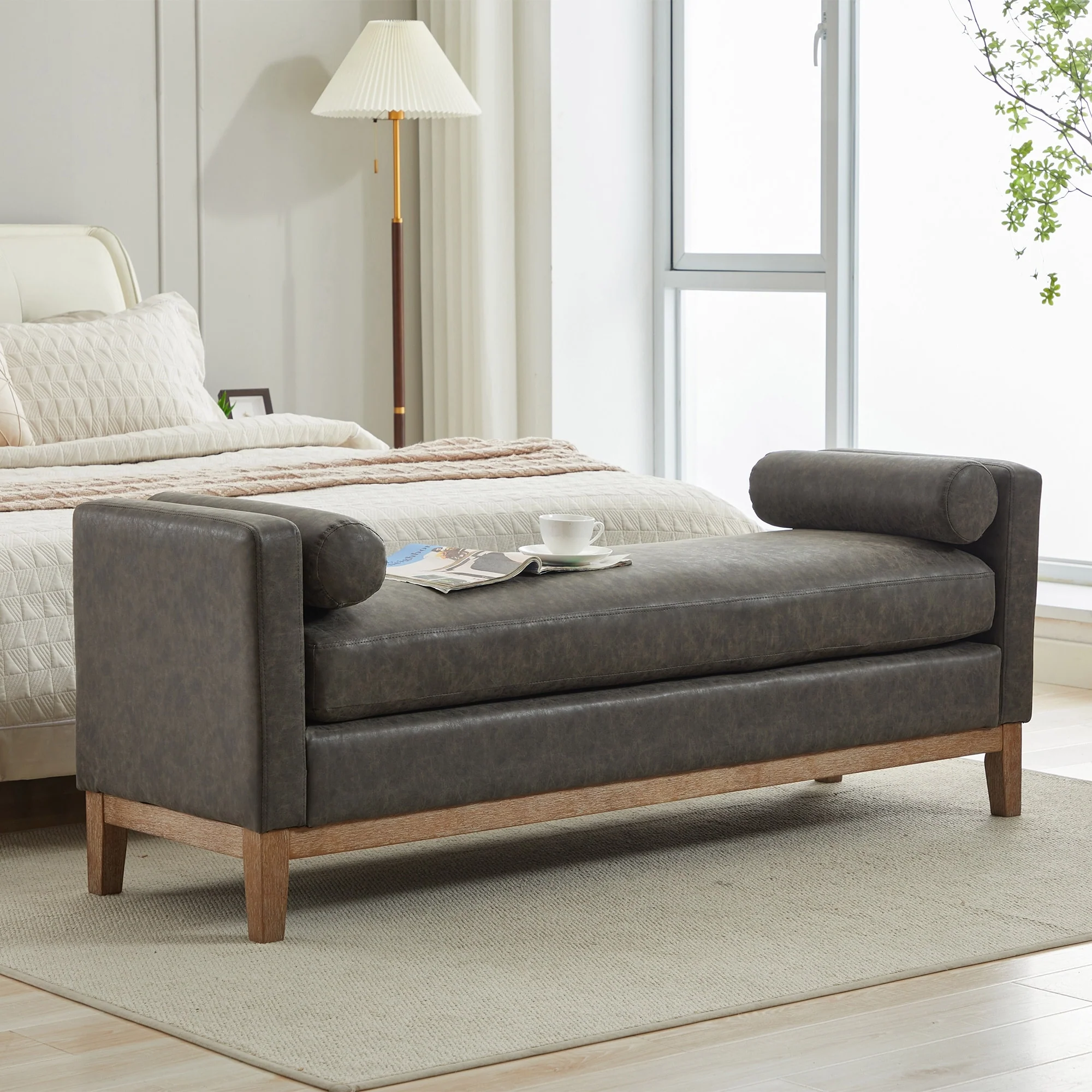 Bedroom Bench with Pillows and Solid Wood Legs for Living Rooms and Entryway