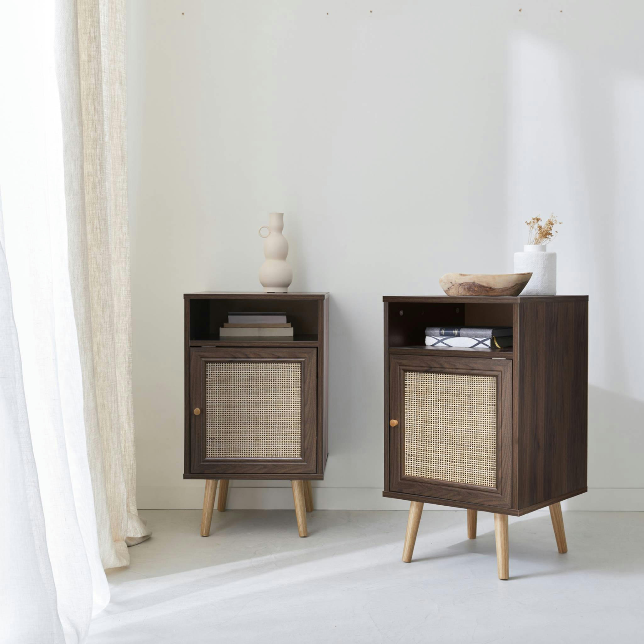 BOHÈME - 2 tables de chevet cannage couleur bois foncé