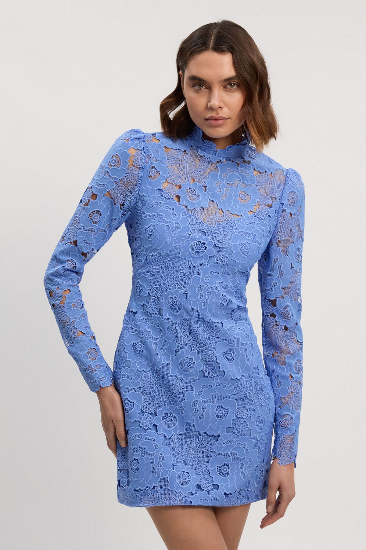 KarenMillen Petite Guipure Lace High Neck Woven Mini Dress