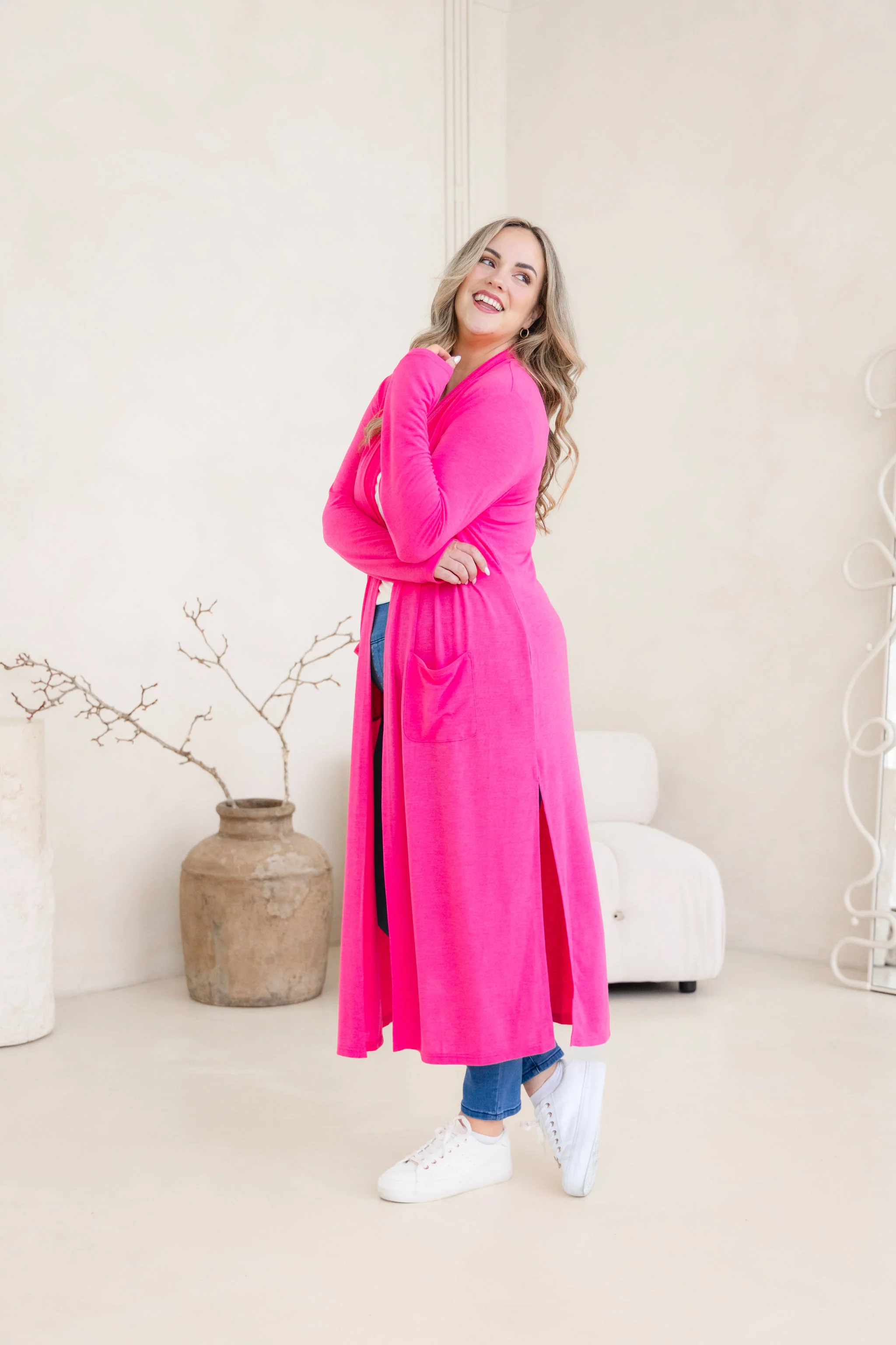 Jane Cardi Maxi Length in Hot Pink