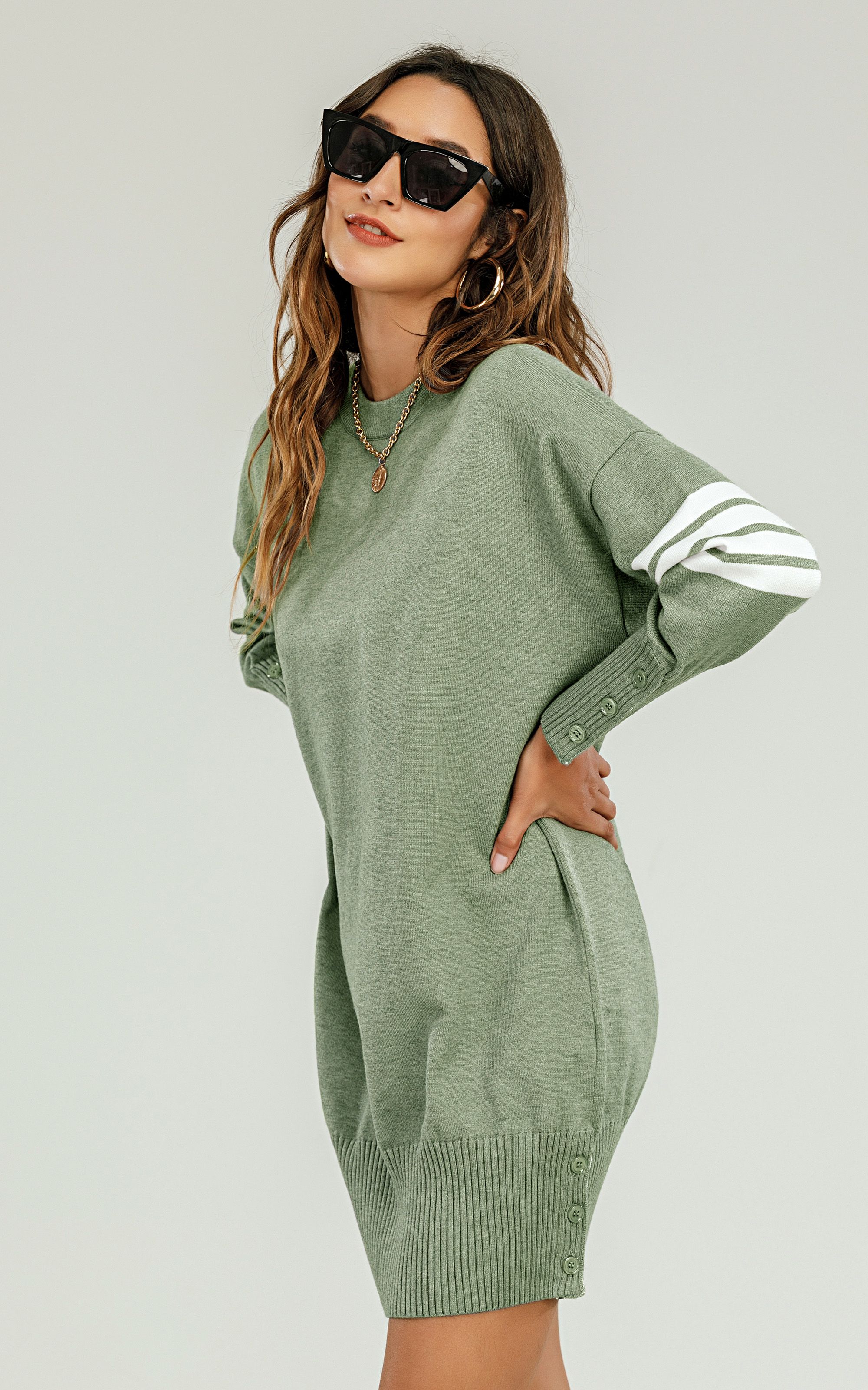 FS Collection Wool Knitted Tunic Jumper Dress With White Stripe