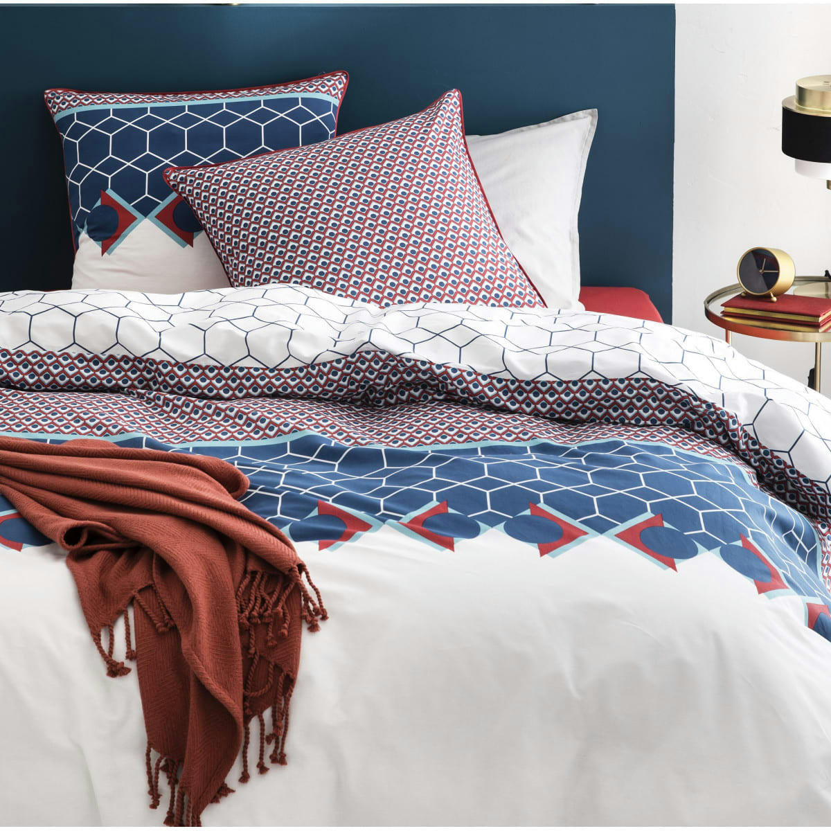 MODERNO - Parure de lit 2 personnes coton  imprimé blanc 200x200cm