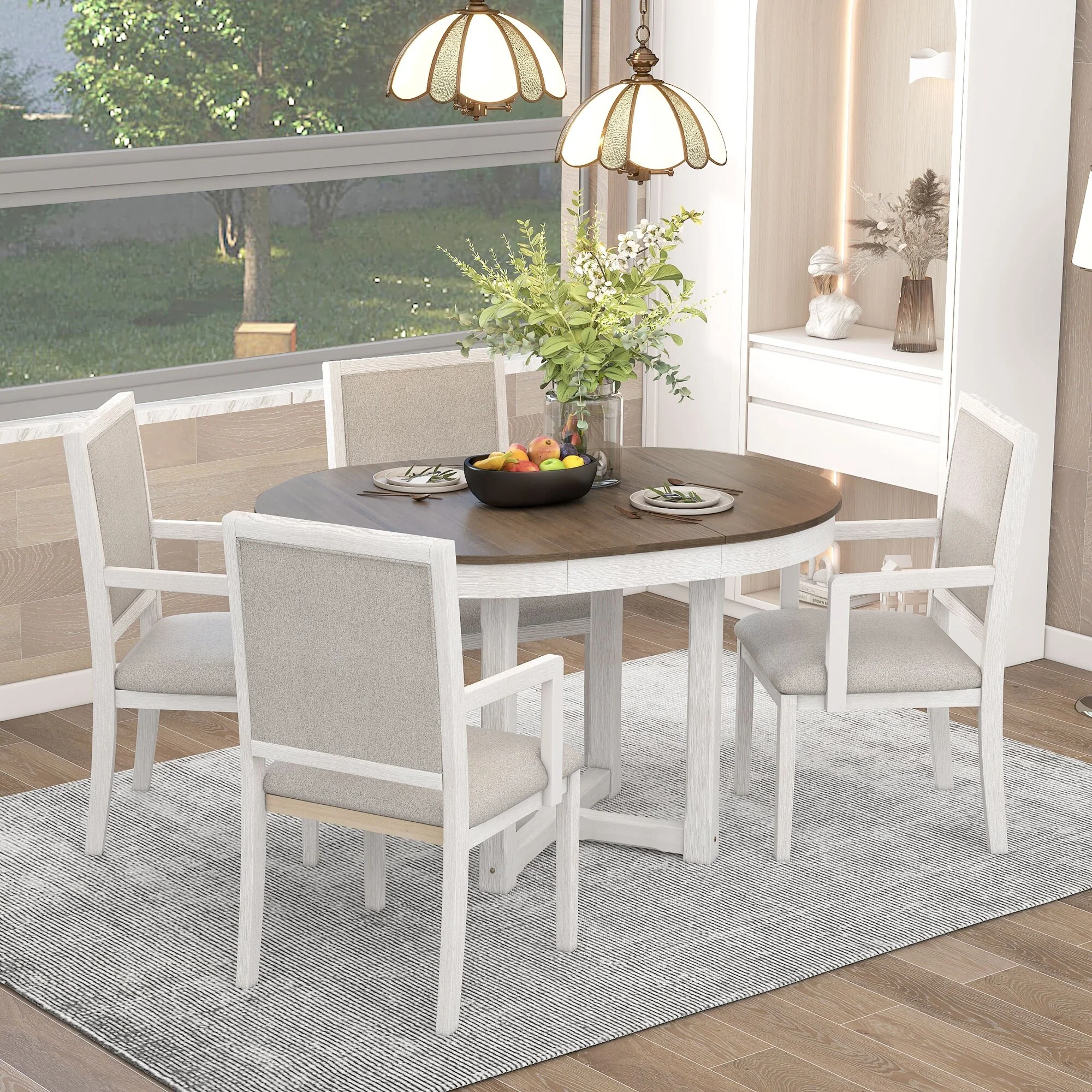 5-Piece Wooden Dining Table Set with Extendable Round Table & 4 Chairs