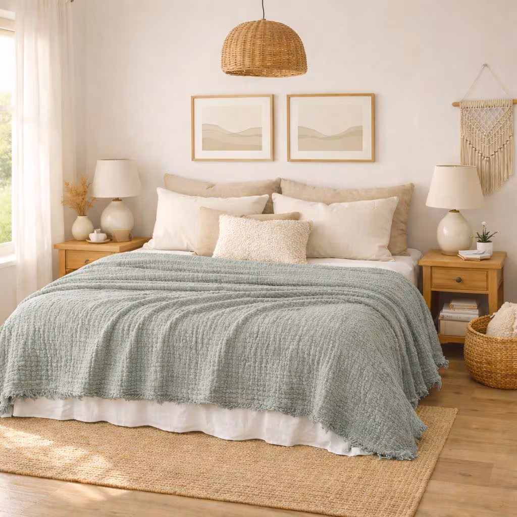 Sage Green Muslin Bedspread 4 Layer Turkish Cotton Gauze Blanket Soft Breathable Lightweight Throw