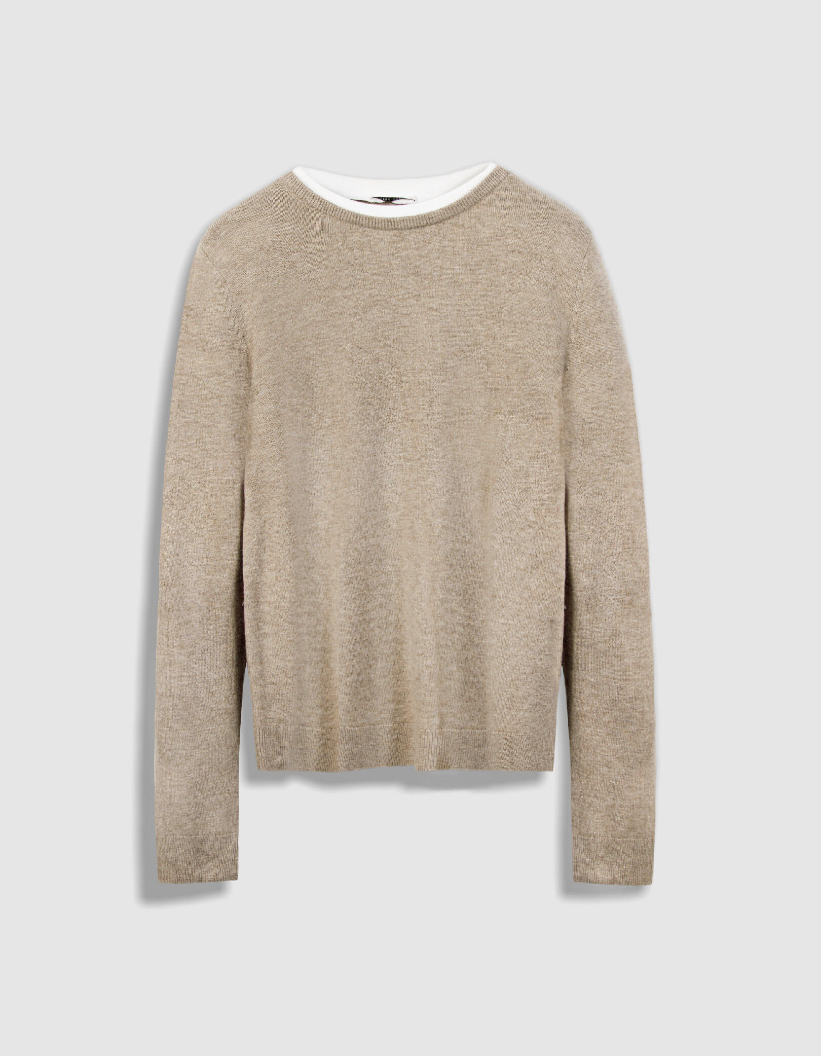 Pull laine beige tricot col trompe-l'oeil Femme