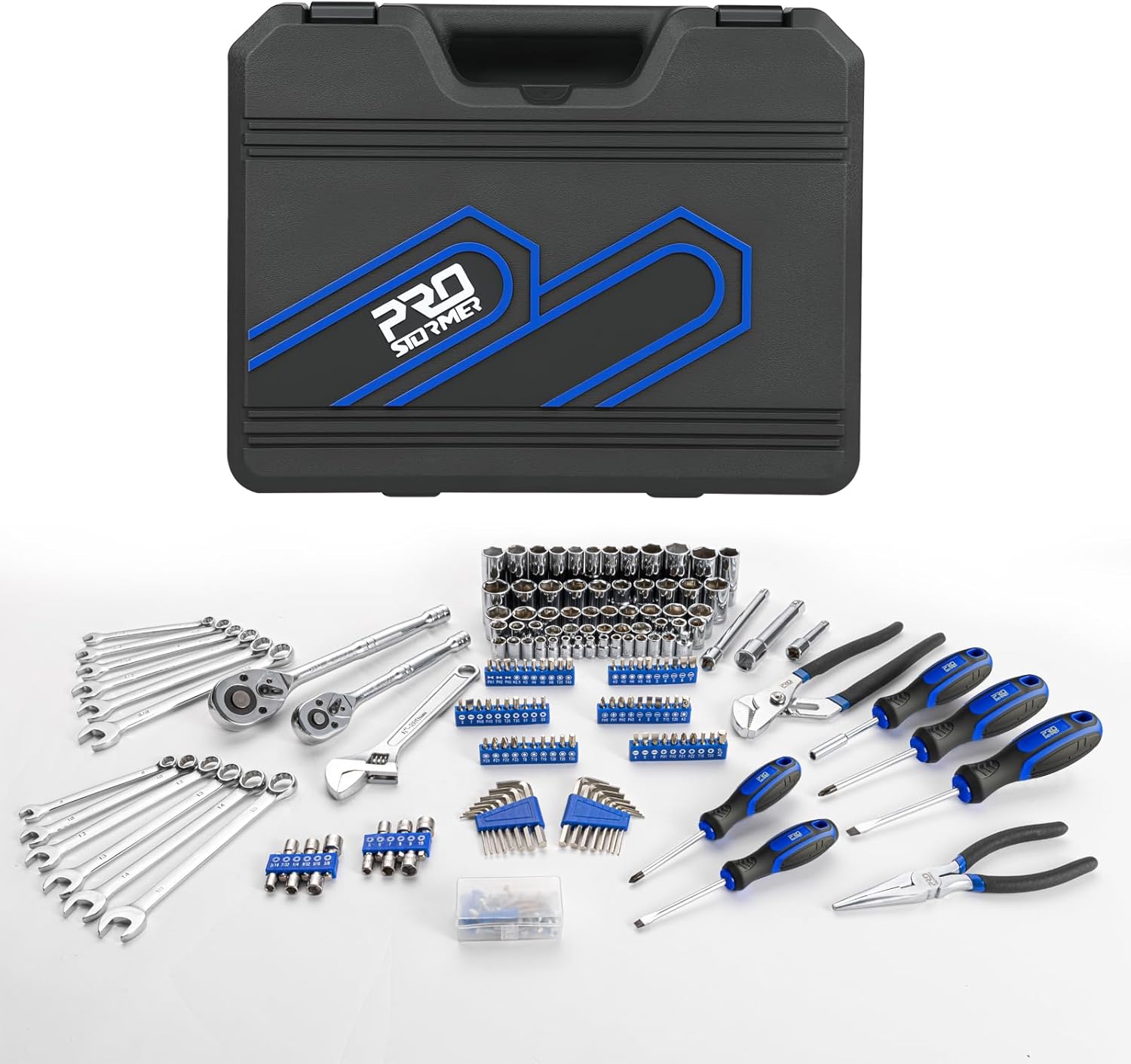 Prostormer Mechanics Tool Set with Drawer Box, 279-Piece SAE and Metric Mechanic Tool Kit with Wrenches & Sockets, General Tool Kit for Car, Motorcycle, Home Repair (Blue)