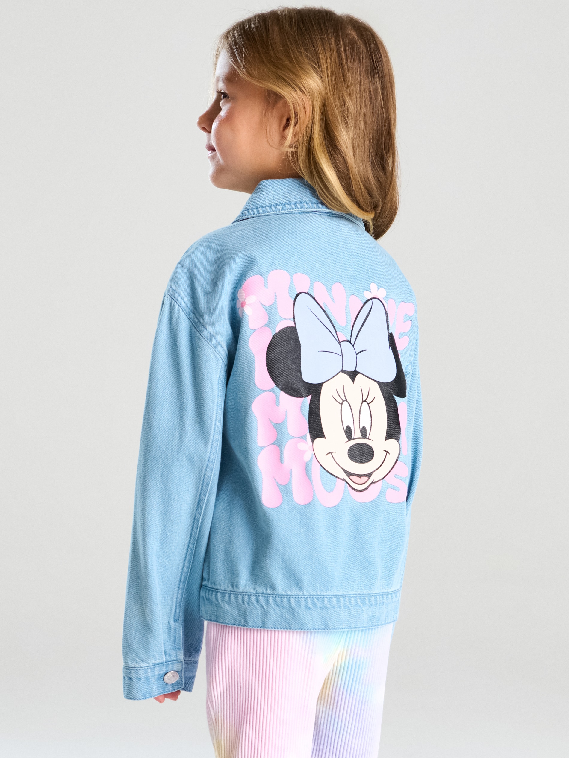 Jeansowa kurtka katana z nadrukiem na plecach Minnie Mouse