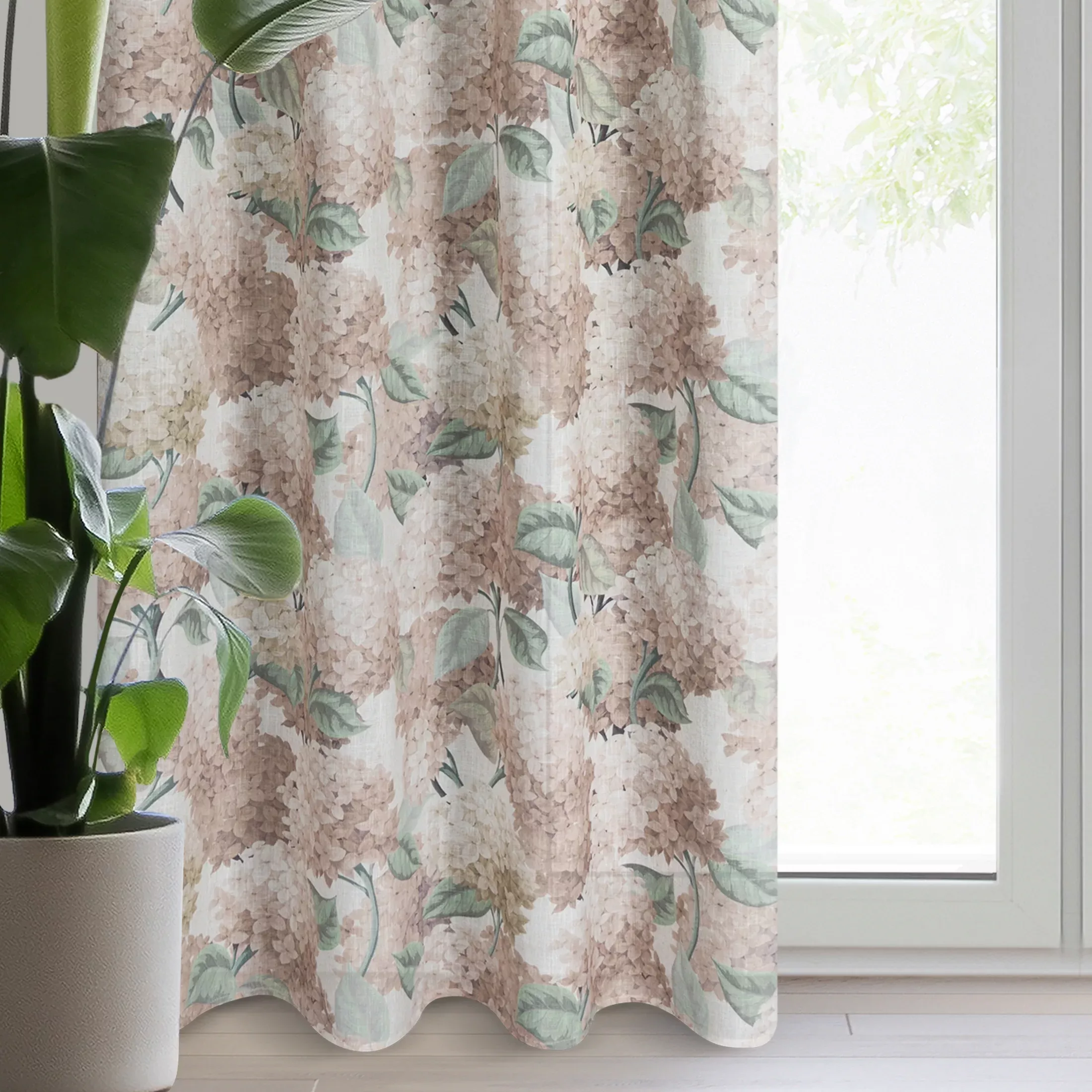 Zasłona naturalno, beżowa z wzorem kwiatów z dodatkiem lnu 140x250 cm przelotka - DEMI