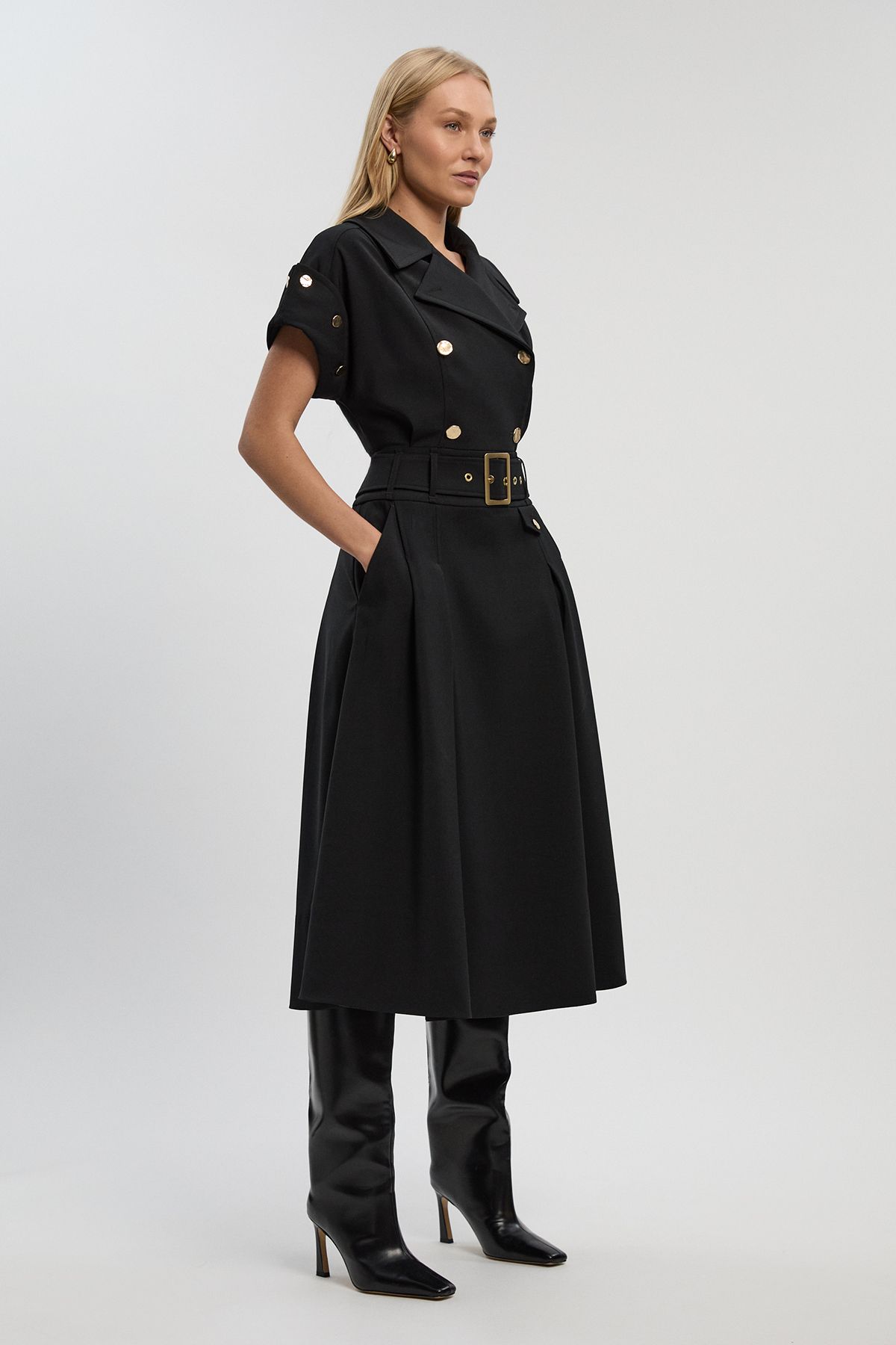 KarenMillen Polished Tailored Button Detail Pleated Midi Dress