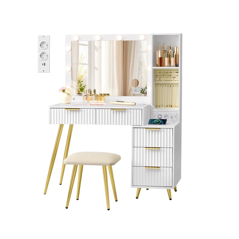 Coiffeuse avec miroir LED tabouret et tiroirs pour maquillage pratique