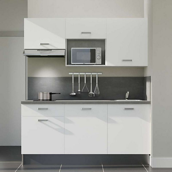 Kitchenette K30 façades Blanc - Plan de travail Gris béton - Crédences : Oui - Evier inox - Electroménager Inox inclus