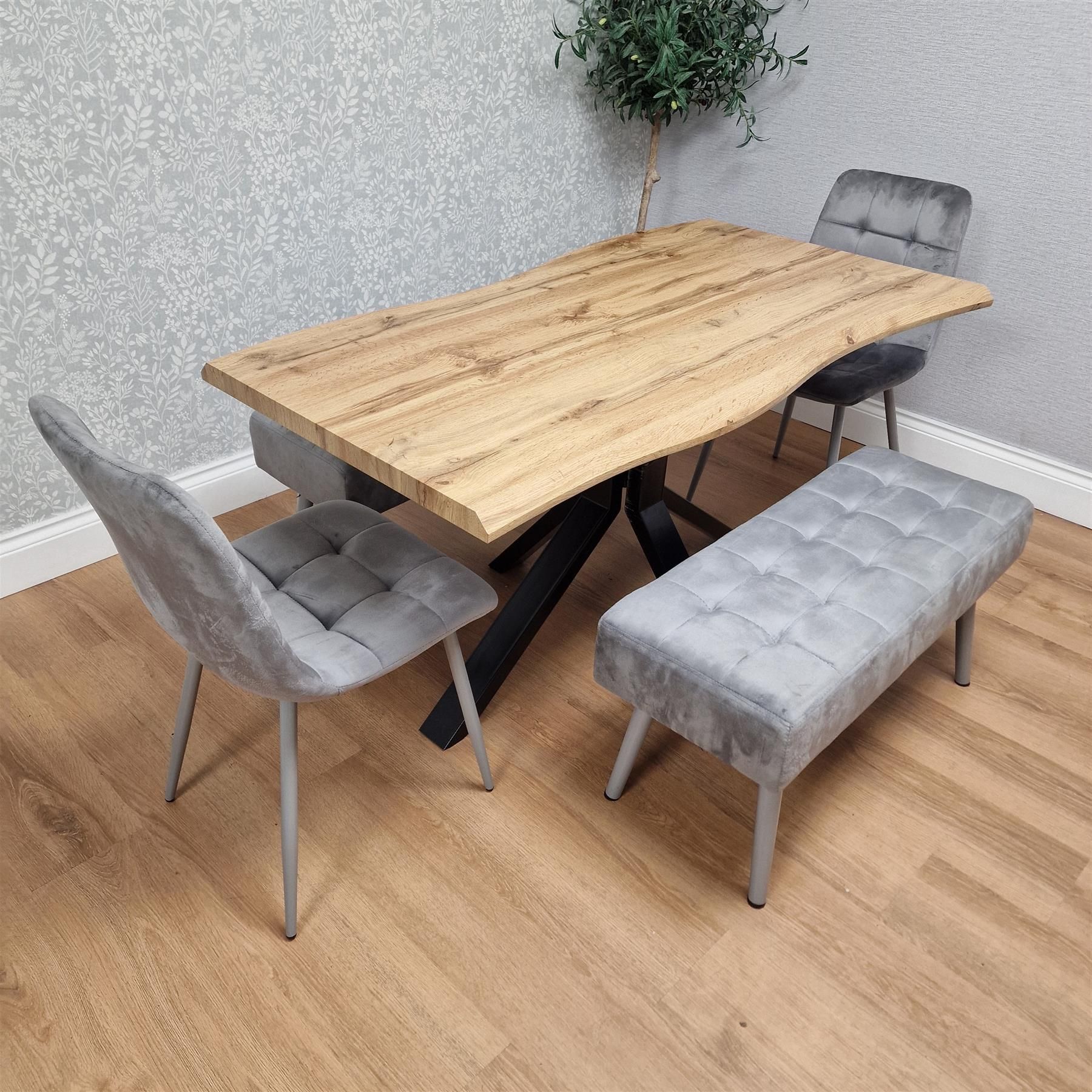 KOSY KOALA Wooden Dining Table with 2 Grey Velvet Chairs and Padded Benches, Dining Room Furniture