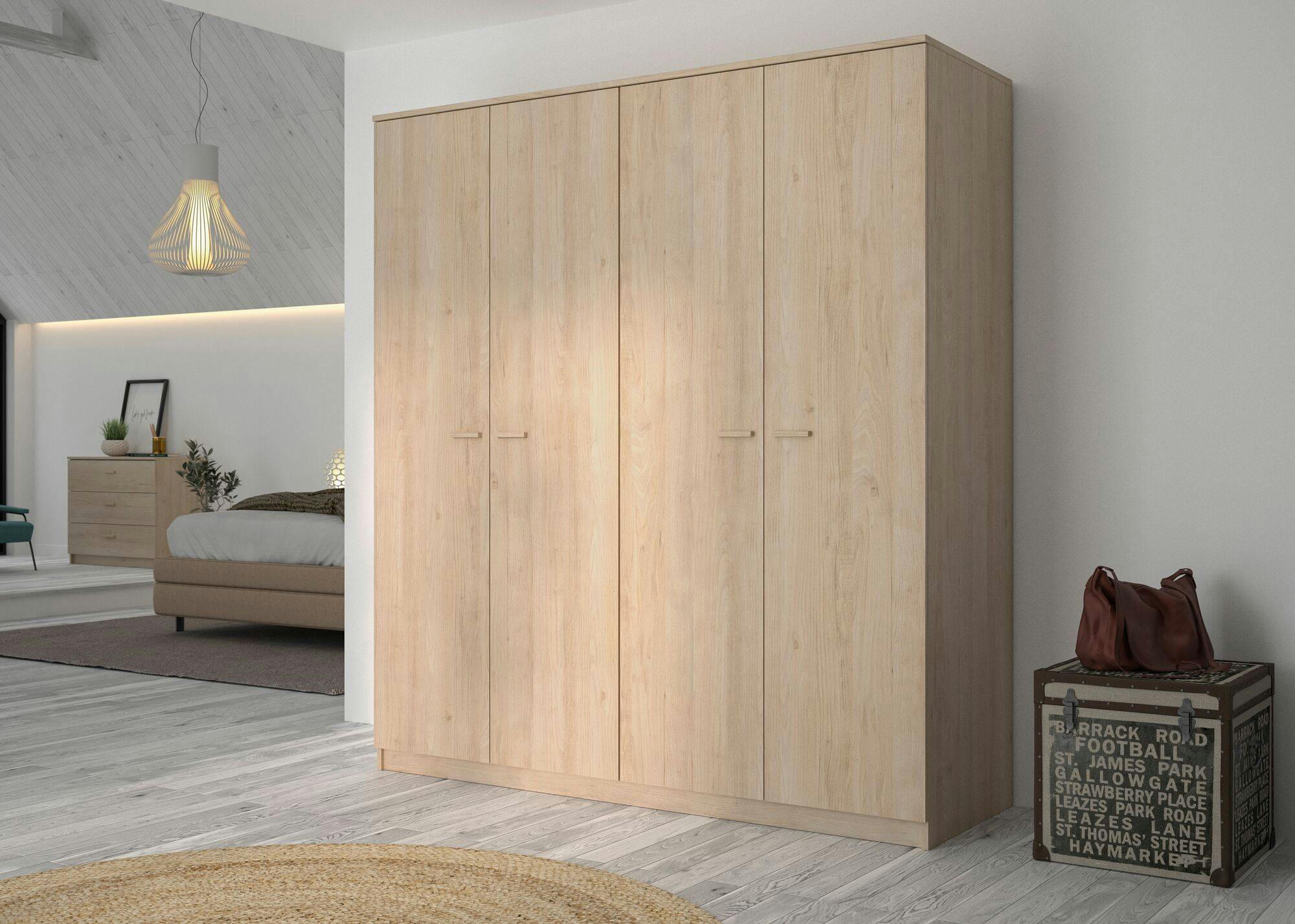 ENORA - Armoire 4 portes effet blanc/bois