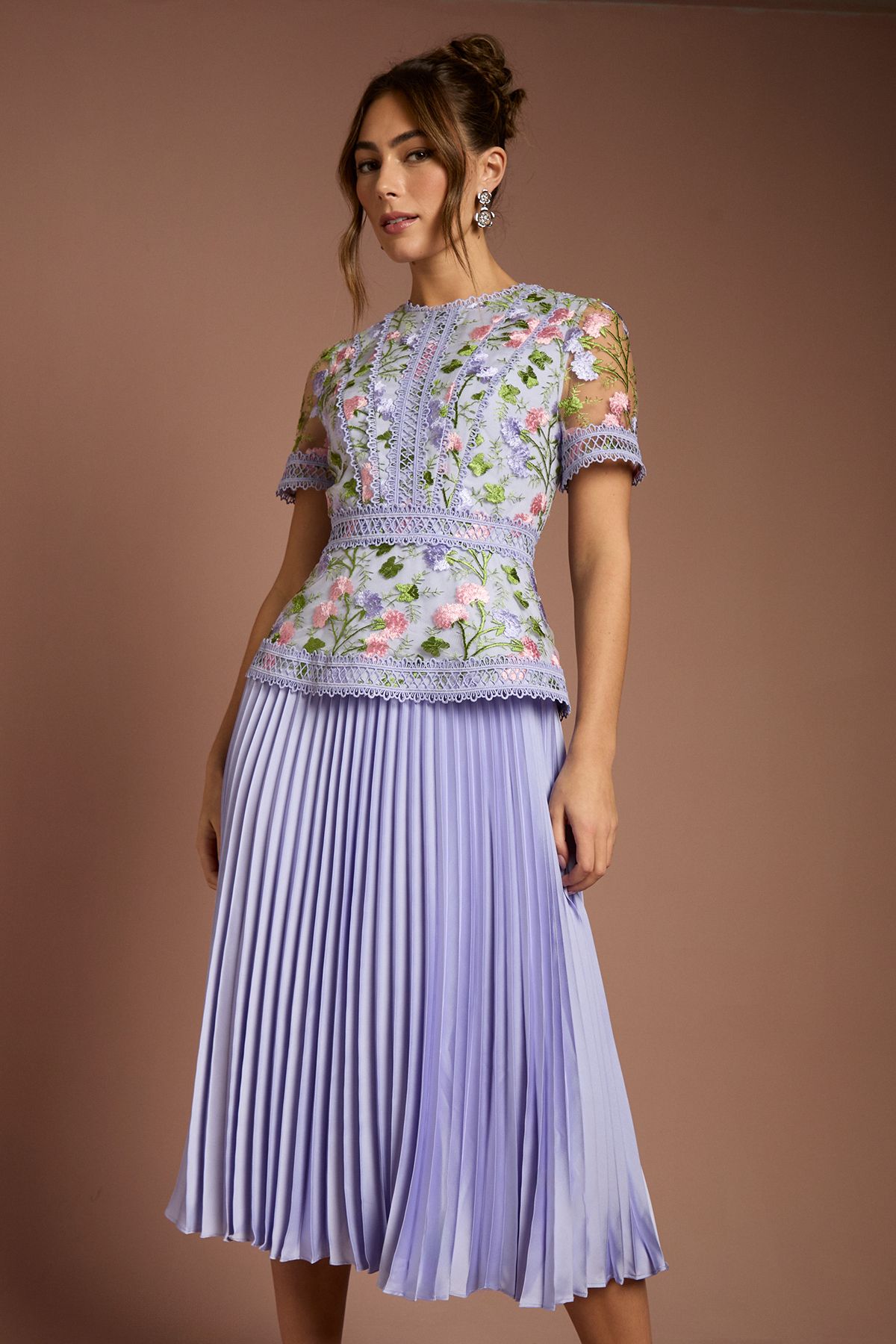 Coast Short Sleeve Embroidered Pleated Skirt Midi Dress