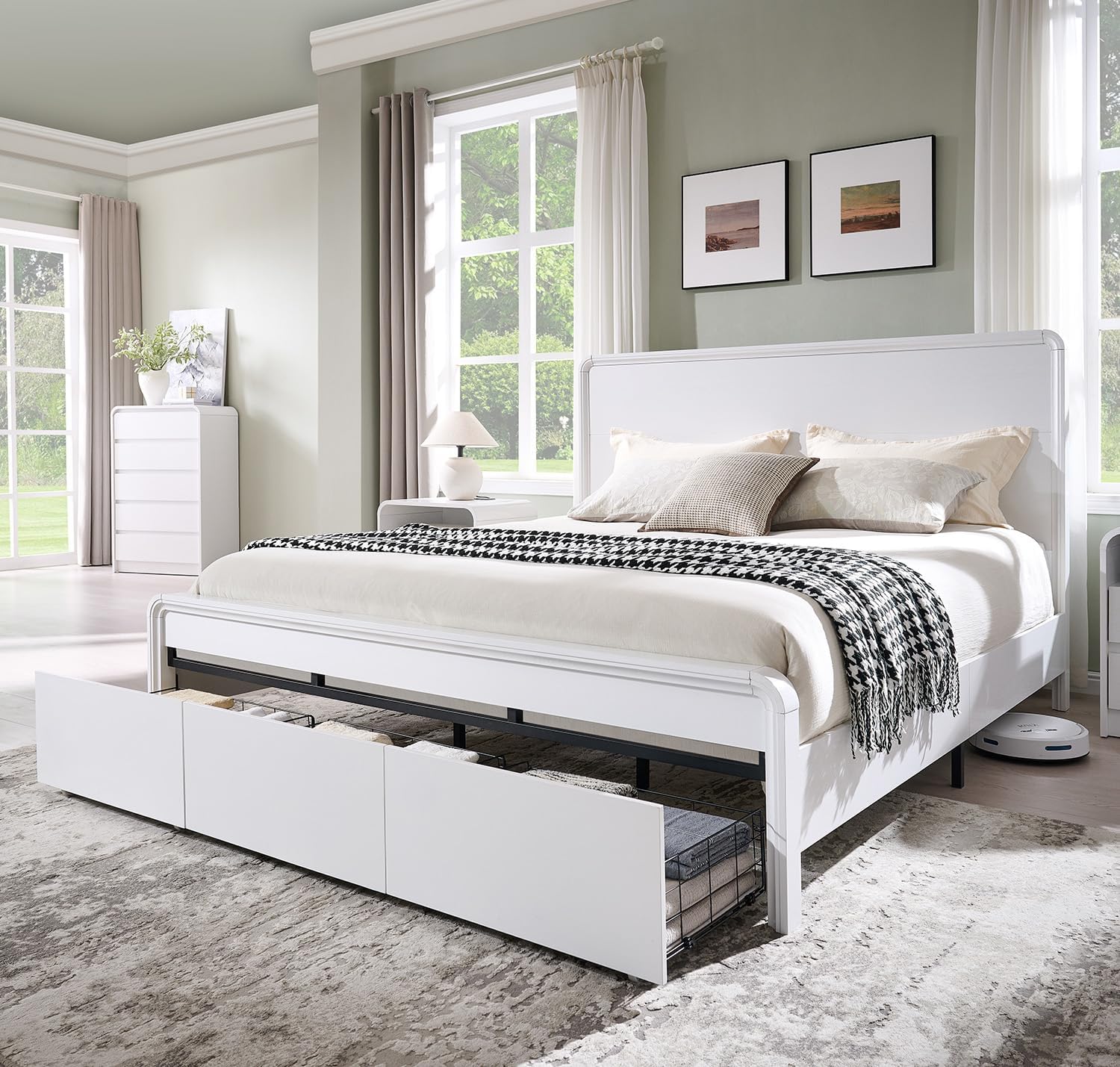 Modern King Size Bed Frame with 50 Tall Headboard, Wood King Size Platform Bed Frame w/3 Storage Drawers, Curved Profile Design, Wood & Steel Platform Bed, No Box Spring Needed, White