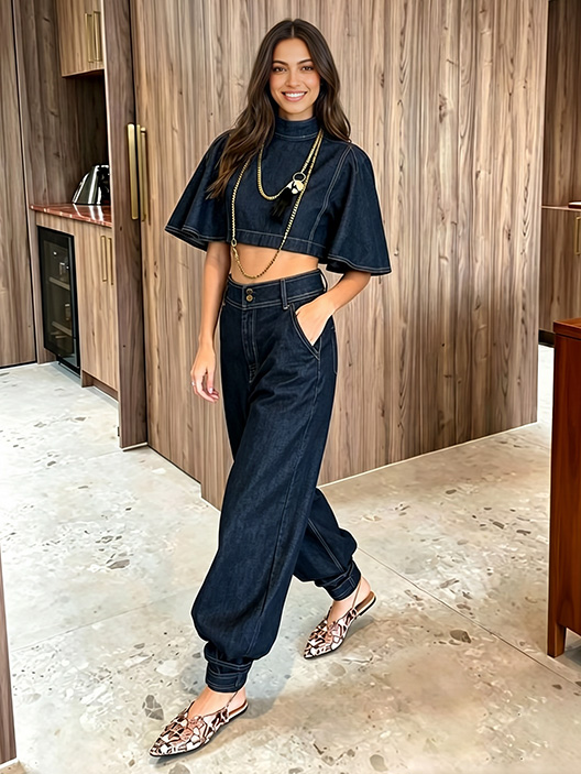 Modern Denim Cape Top & High-Waist Tapered Pants Two-Piece Set