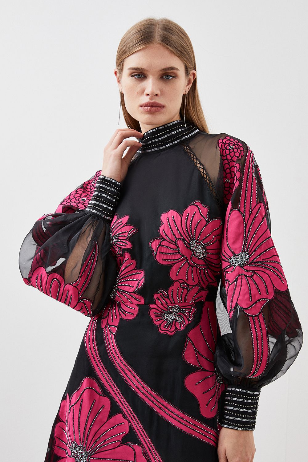 KarenMillen Tall Applique Organdie Floral Graphic Maxi Dress