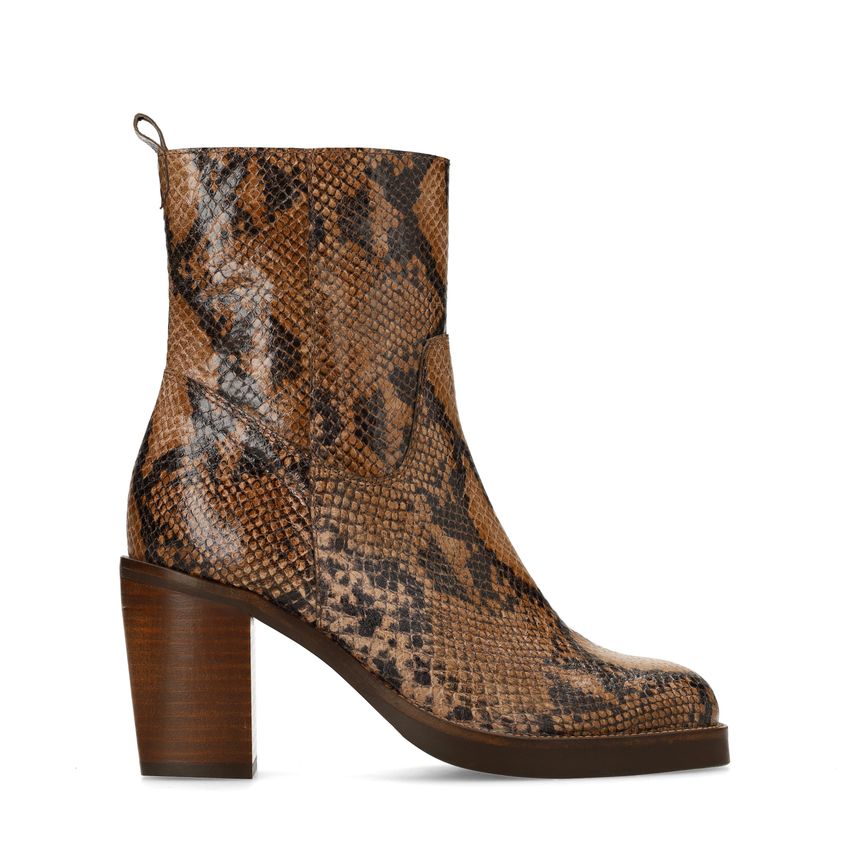 Manfield Taupe leren snakeprint enkellaarsjes met hak