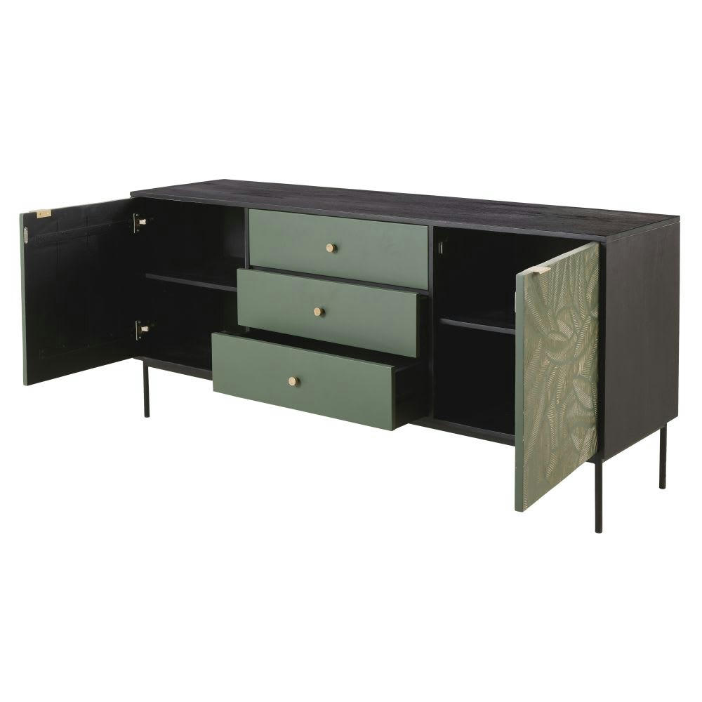 Manaos - Buffet 2 portes 3 tiroirs en manguier massif vert sculpté