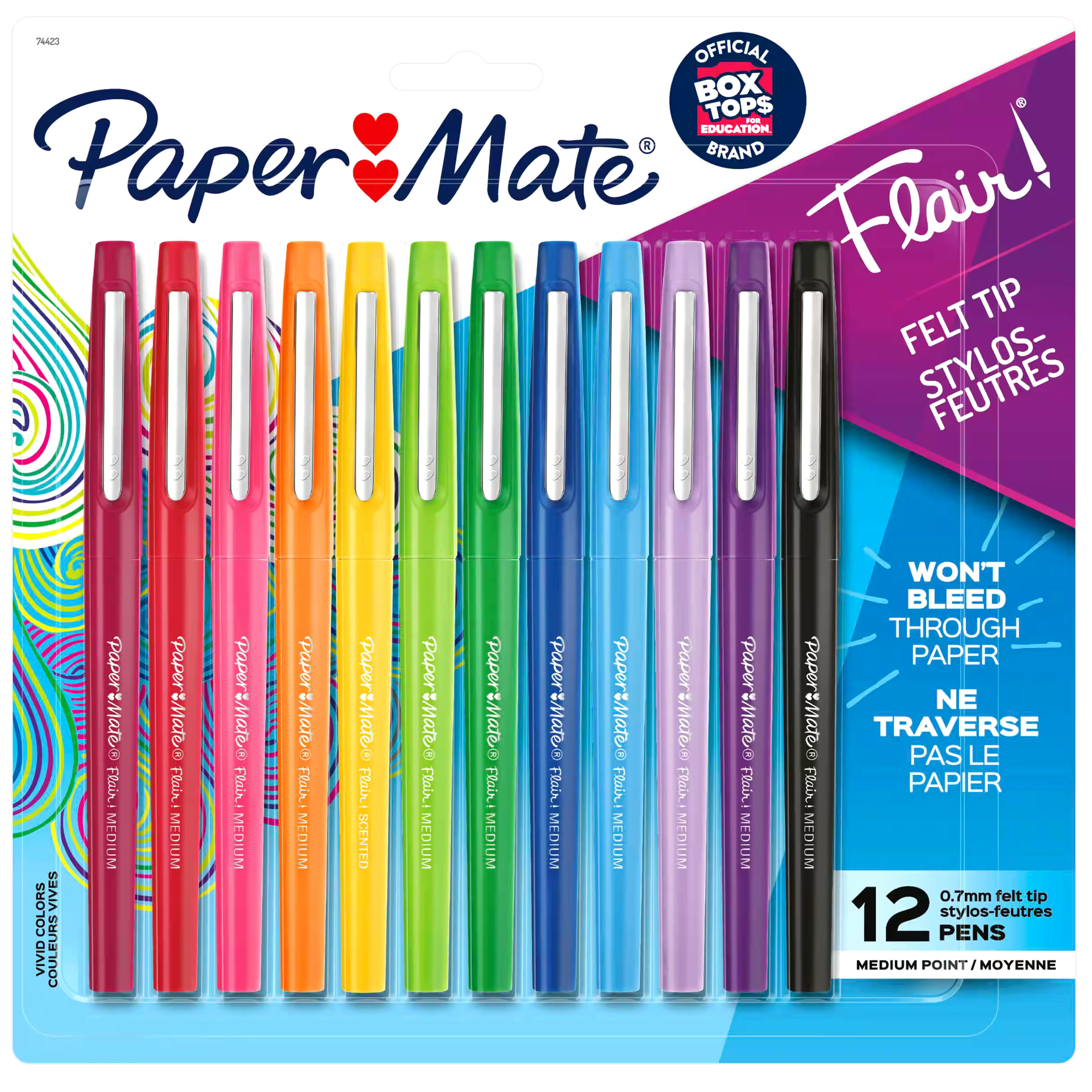 Paper Mate Flair Felt Tip Pens, Medium Point (0.7 mm), Assorted Colours, 12 Count