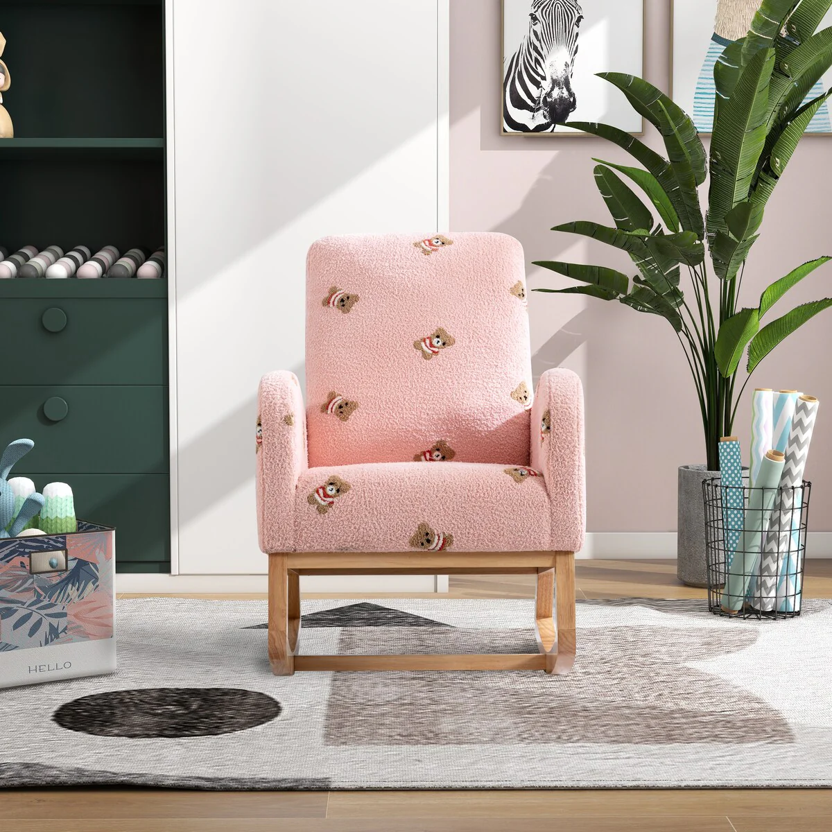 Upholstered High Back Wooden Rocking Chair for Living Room Baby Kids Room Bedroom, Pink Boucle