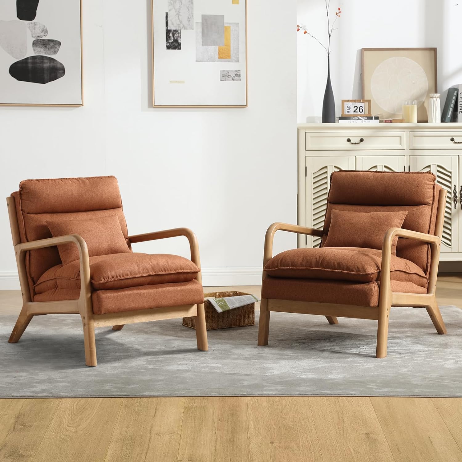 INZOY Accent Chairs Set of 2, Mid Century Modern Accent Chair with Wood Frame, Upholstered Reading Armchair with Waist Cushion, Side Chair for Living Room Bedroom Office, Easy Assembly, Brown