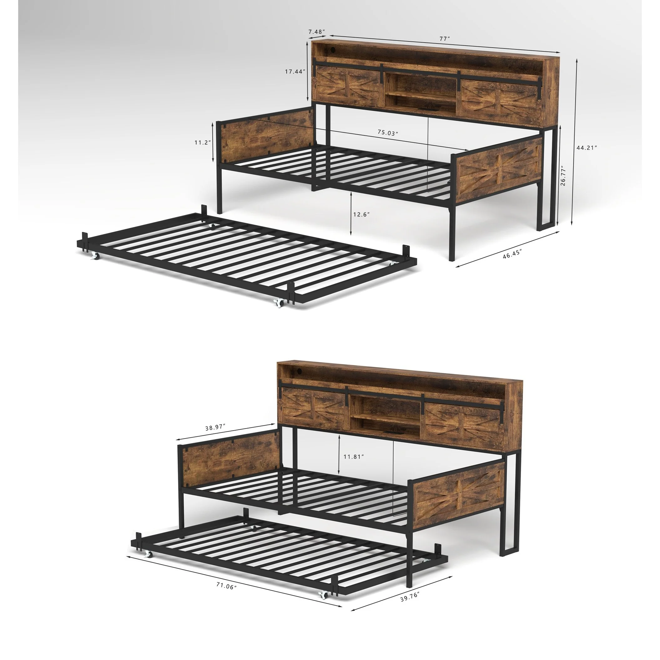 Twin Daybed with Trundle Rustic Farmhouse Day Bed Frame with Sliding Barn Door Headboard LED Lights and Charging Station
