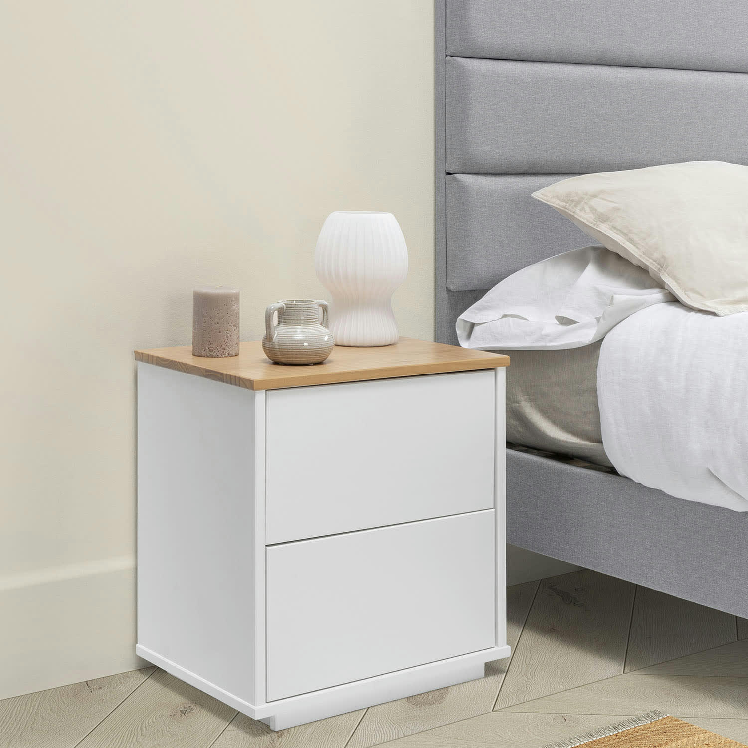 BOB - Table de chevet 2 tiroirs blanc/chêne, bois massif