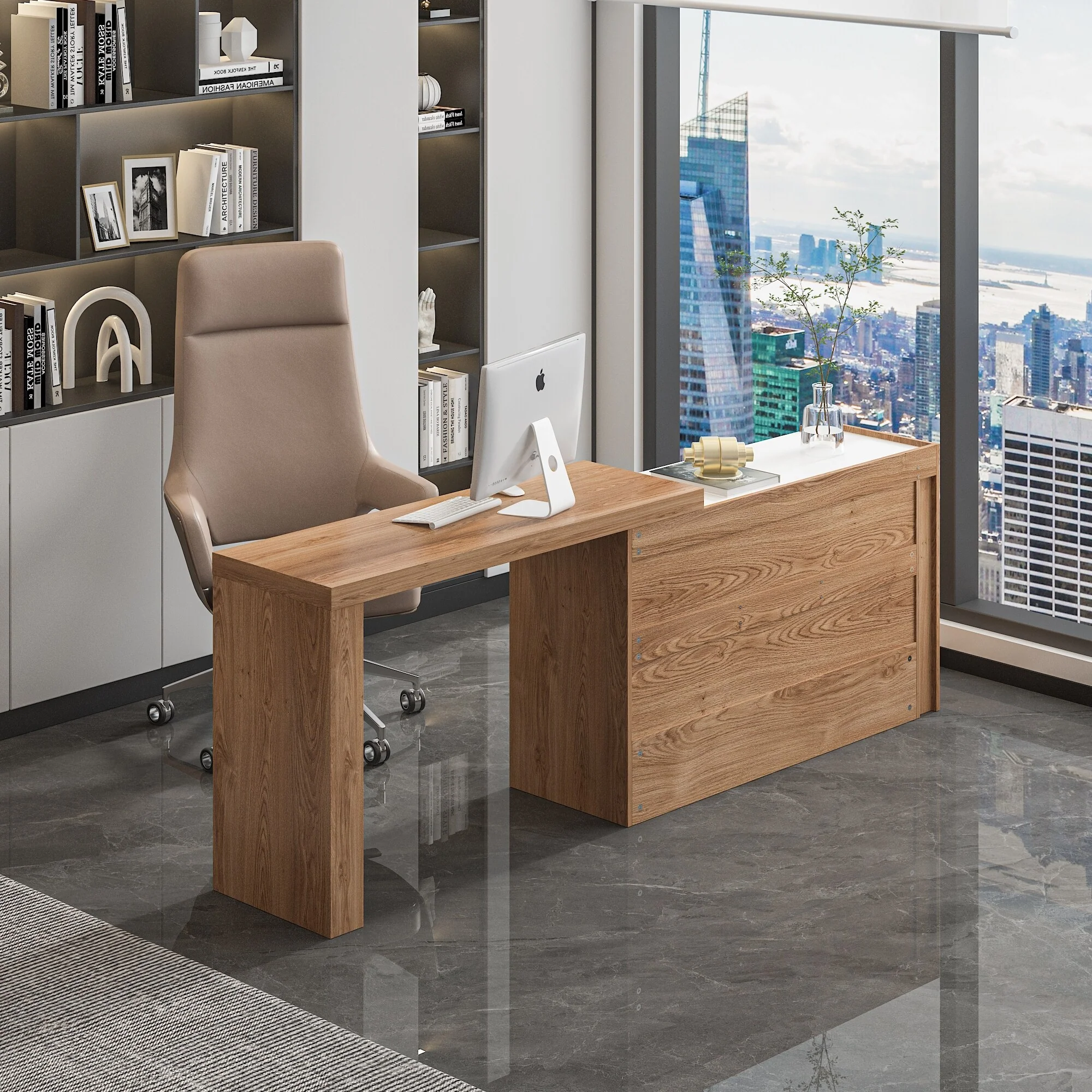 Versatile L-Shaped Desk and Vanity - White & Light Walnut Bedroom Desk