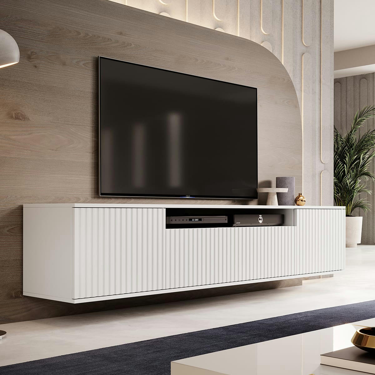 - Meuble TV mural 3 portes 200 cm stratifiés, métal blanc