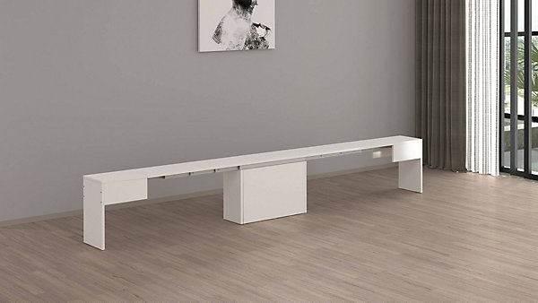 Banc Yutu, Siège pour table à manger, Banc simple extensible, 290x25h45 cm, Blanc brillant