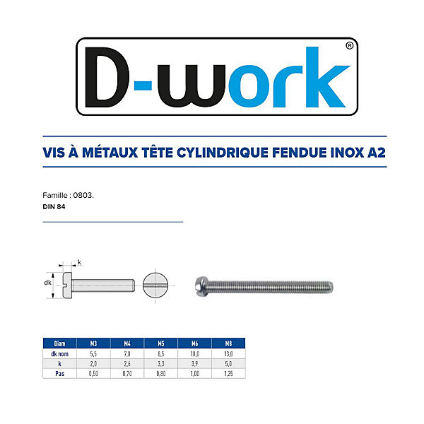 100 Vis Métaux Tête Cylindrique Fendue 8 x 25 mm - DIN 84 - Inox A2 - D-Work