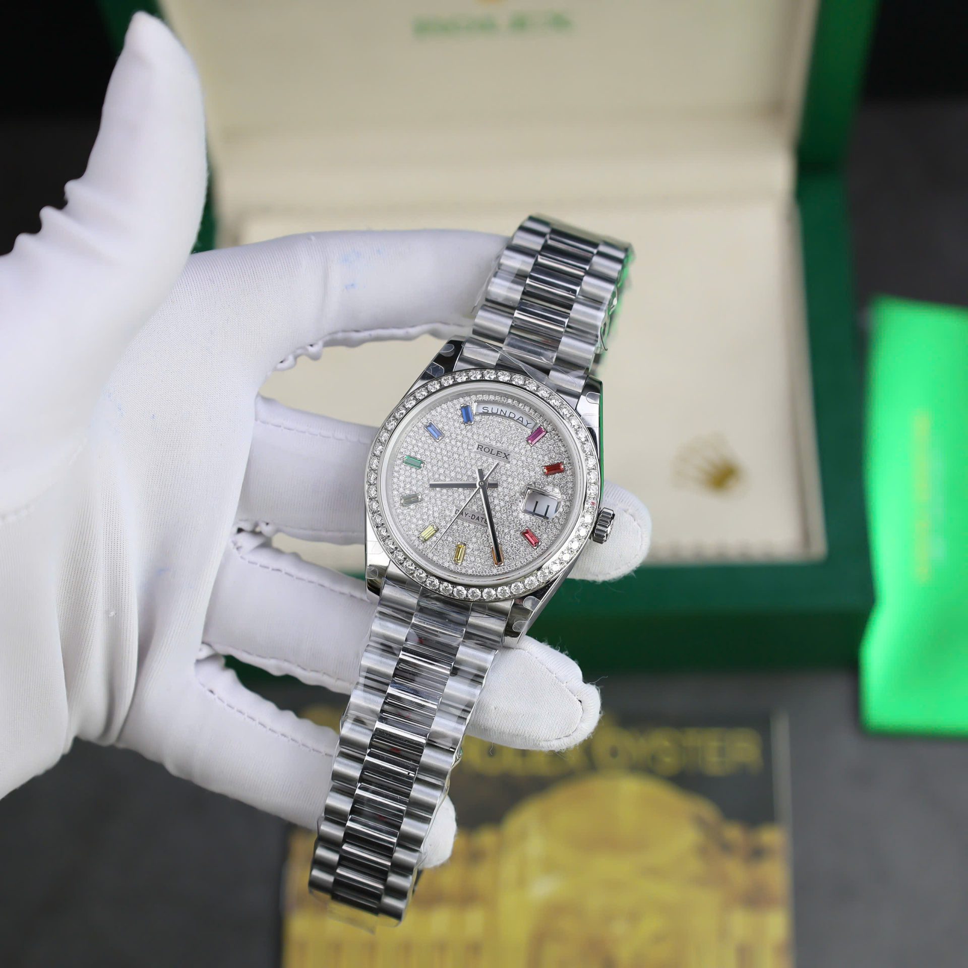 Rolex Day-Date 904L Steel Rainbow Pave Diamond Dial 40mm Super Clone