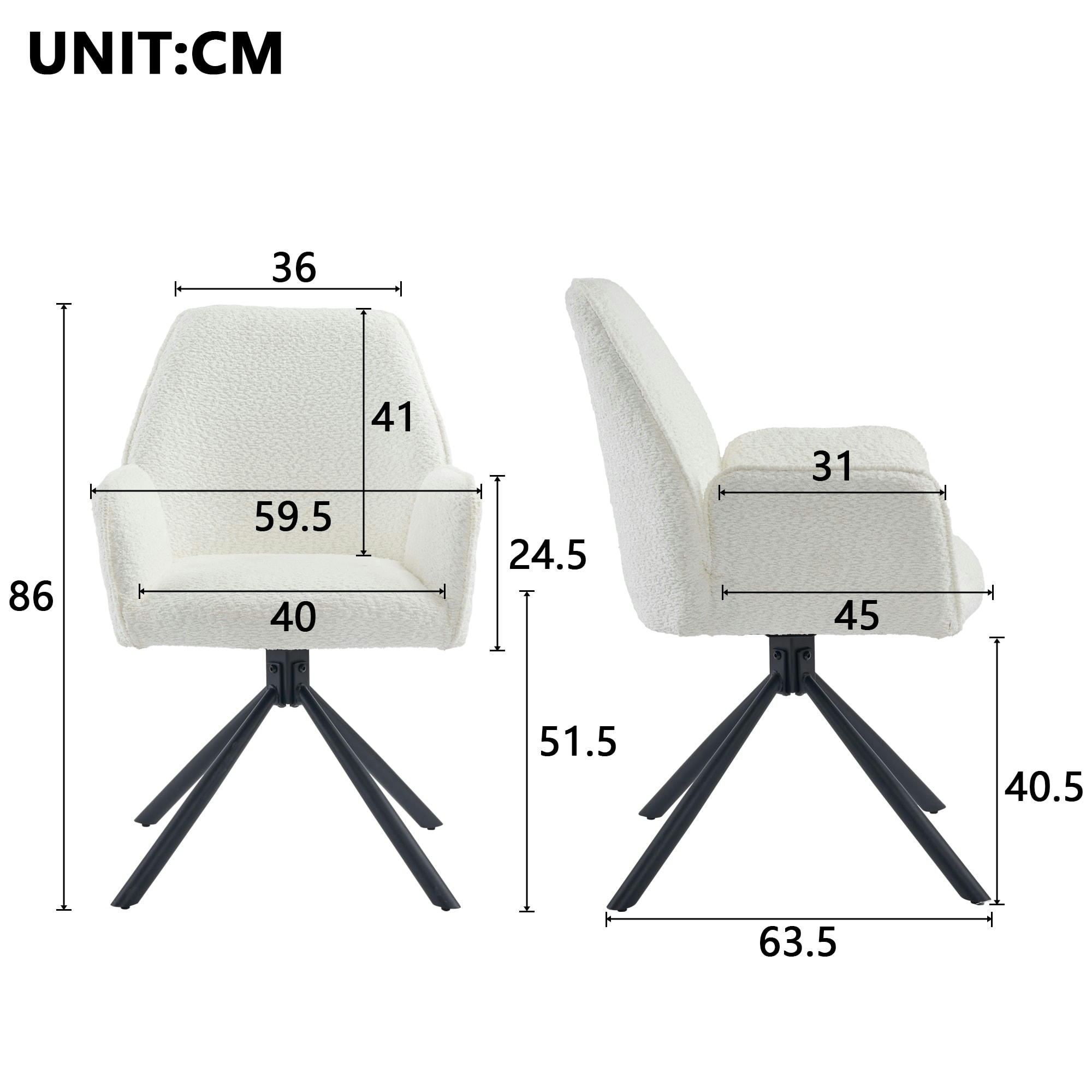 - Lot de 2 chaises de salle à manger tissu bouclette blanc pivotante