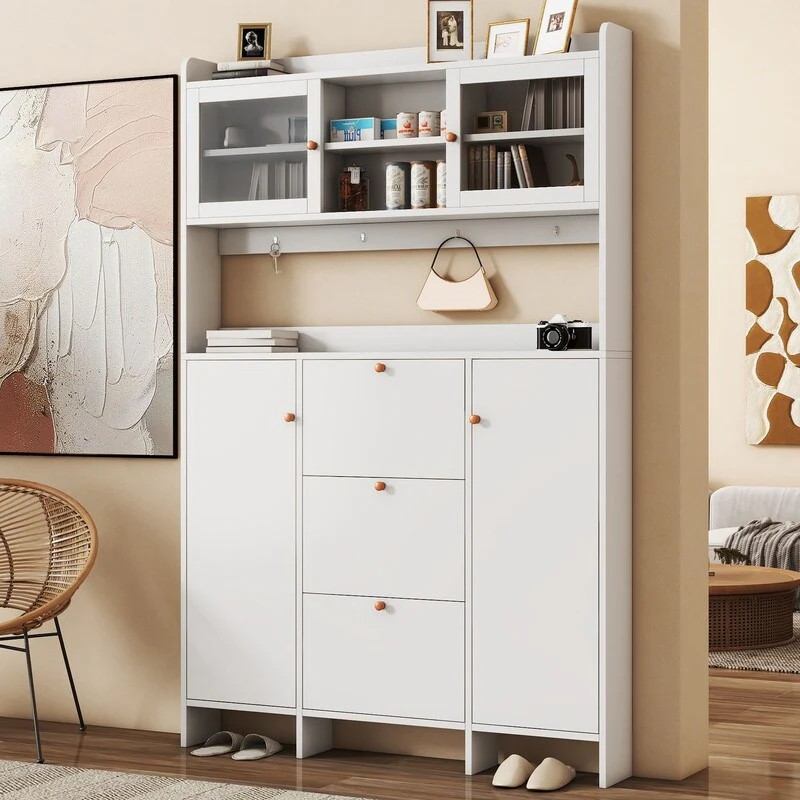 Contemporary Shoe Cabinet with Open Storage, Hall Tree with 3-Flip Drawers, Versatile Cabinet with 4-Hanging Hooks, White