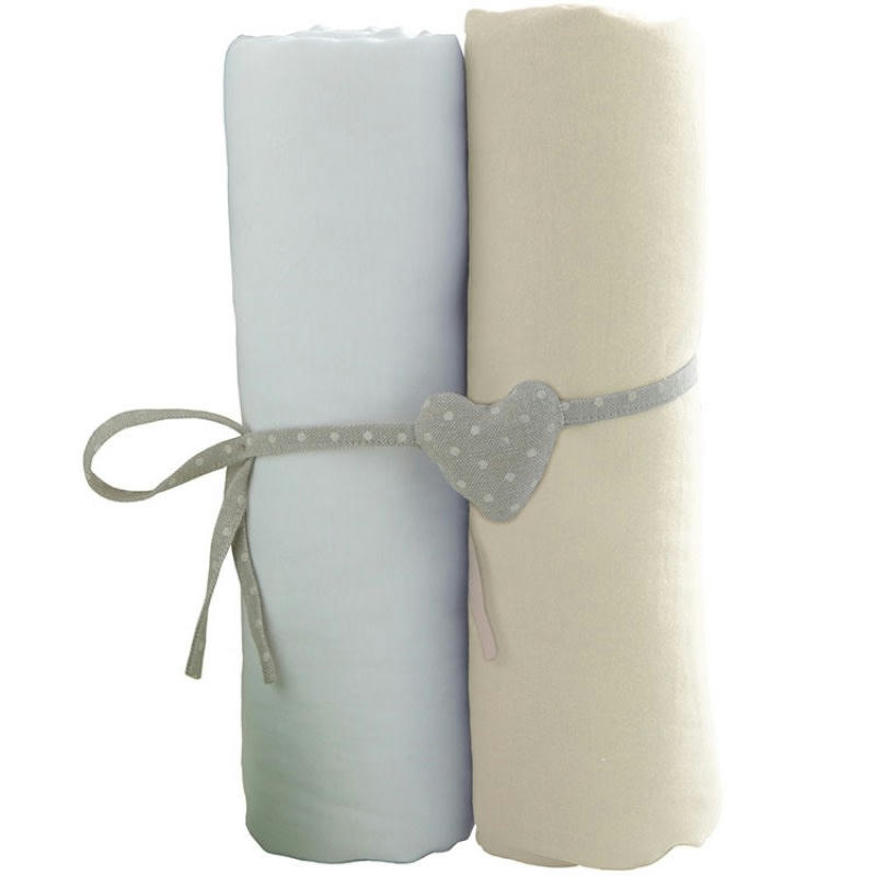 - Lot de 2 draps housses bébé en coton blanc et beige 60x120 cm