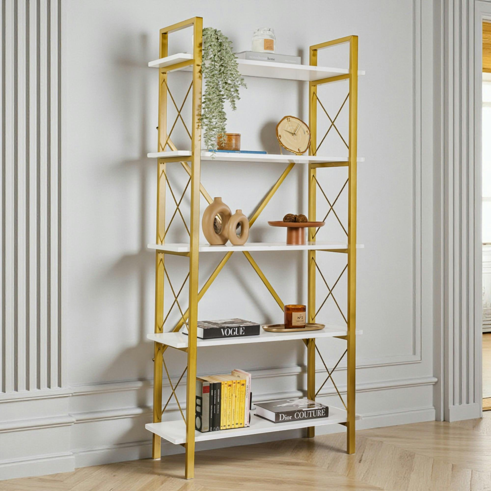 Bibliothèque étagère dorée, 5 plateaux blancs JENA