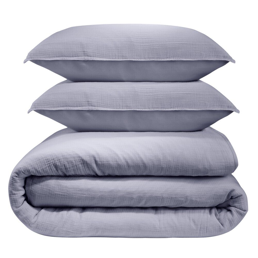 Parure de lit L240X220 cm gaze de coton 1 housse 2 taies 63X63 cm uni bleu