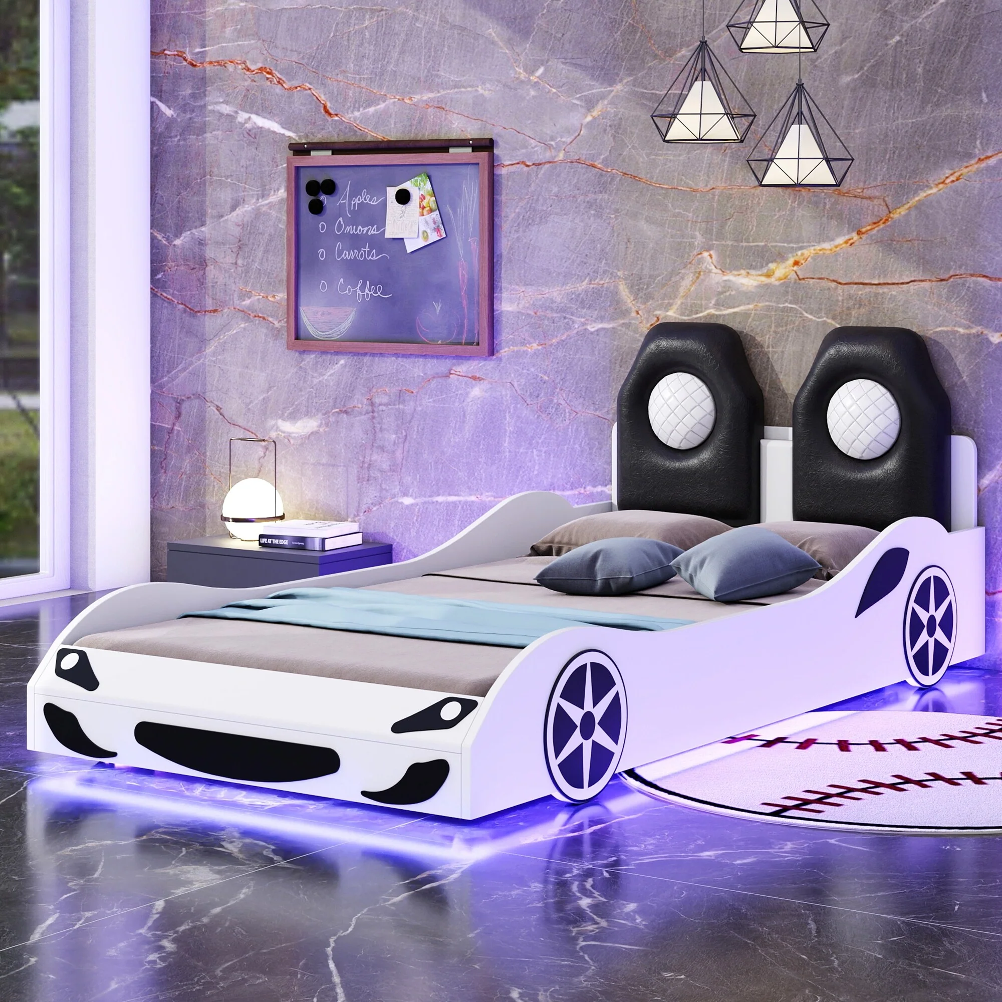 Race Car-Shaped Platform Bed Twin Size Kids Bed, Creativity Car Bed with Upholstered Backrest Headboard and Light Strips
