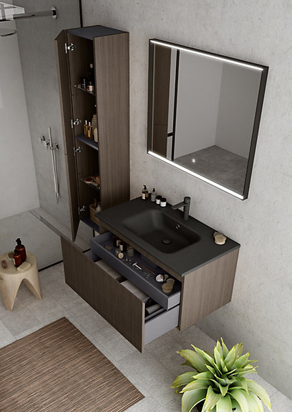 Meuble vasque suspendu plaqué noyer strié l.90 cm   plan vasque noir mat résine, Pura