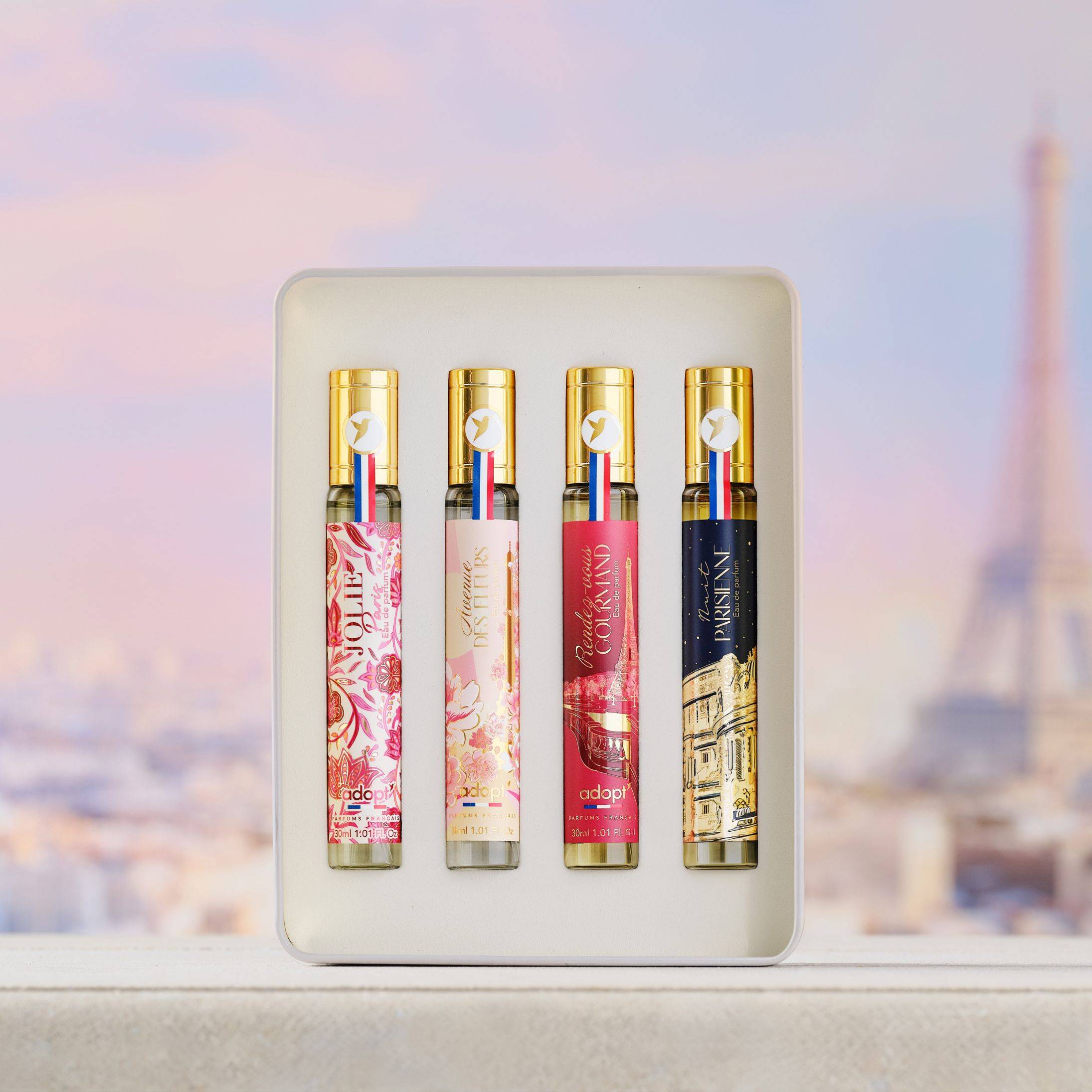 Un air de ParisCoffret métal 4 eaux de parfum 30ml - Jolie Paris   Rendez-vous Gourmand   Nuit Parisienne   Avenue des Fleurs