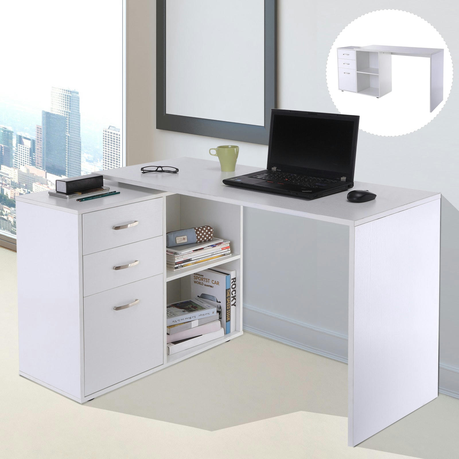 - Bureau d'angle bureau droit modulable 2 en 1 blanc