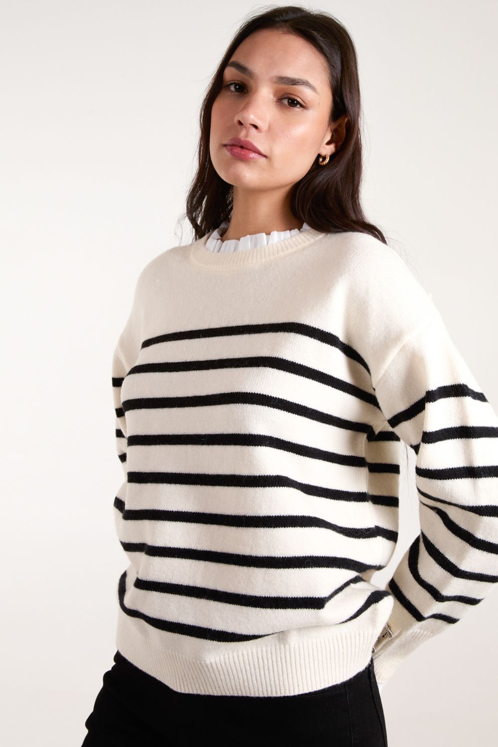 Blue Vanilla Horizontal Stripes Button Details Jumper