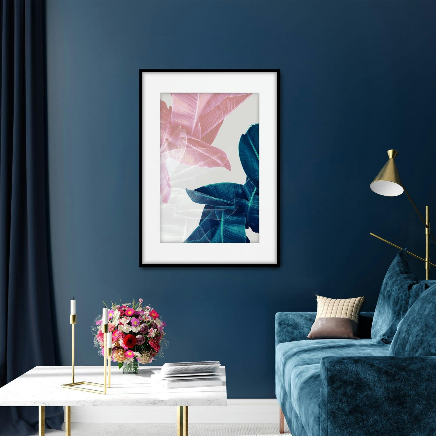 PLANTAS - Affiche avec cadre noir - Feuilles vertes et roses - 30x40