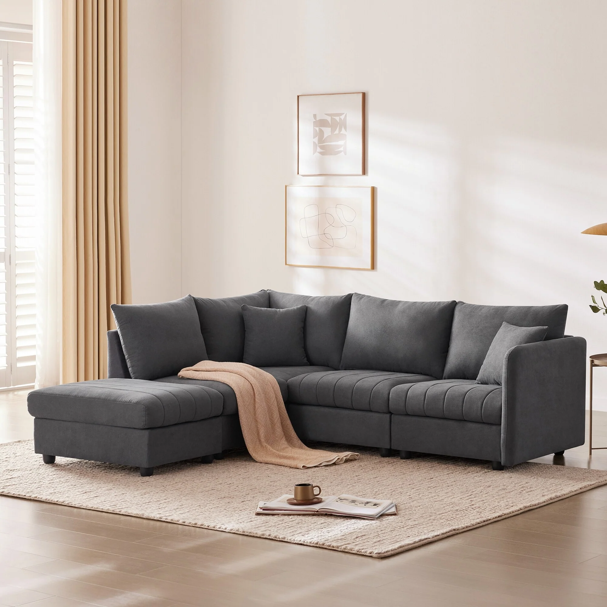 Modern L Shaped Sectional Sofa with Striped Cushions and Movable Ottoman for Living Room or Guest Room