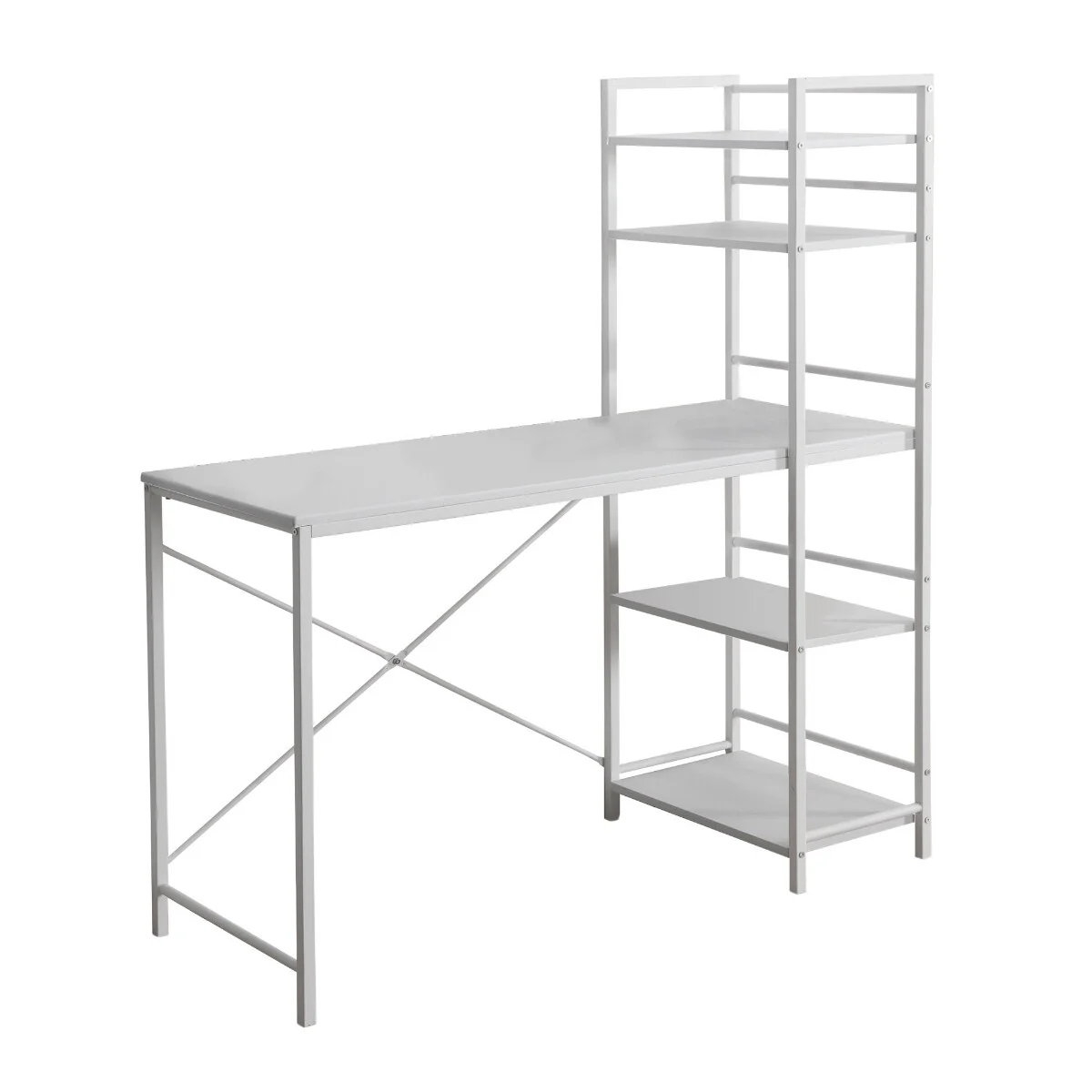 Wood Computer Desk with Silver Metal Base and Bookcase and Glossy Finish