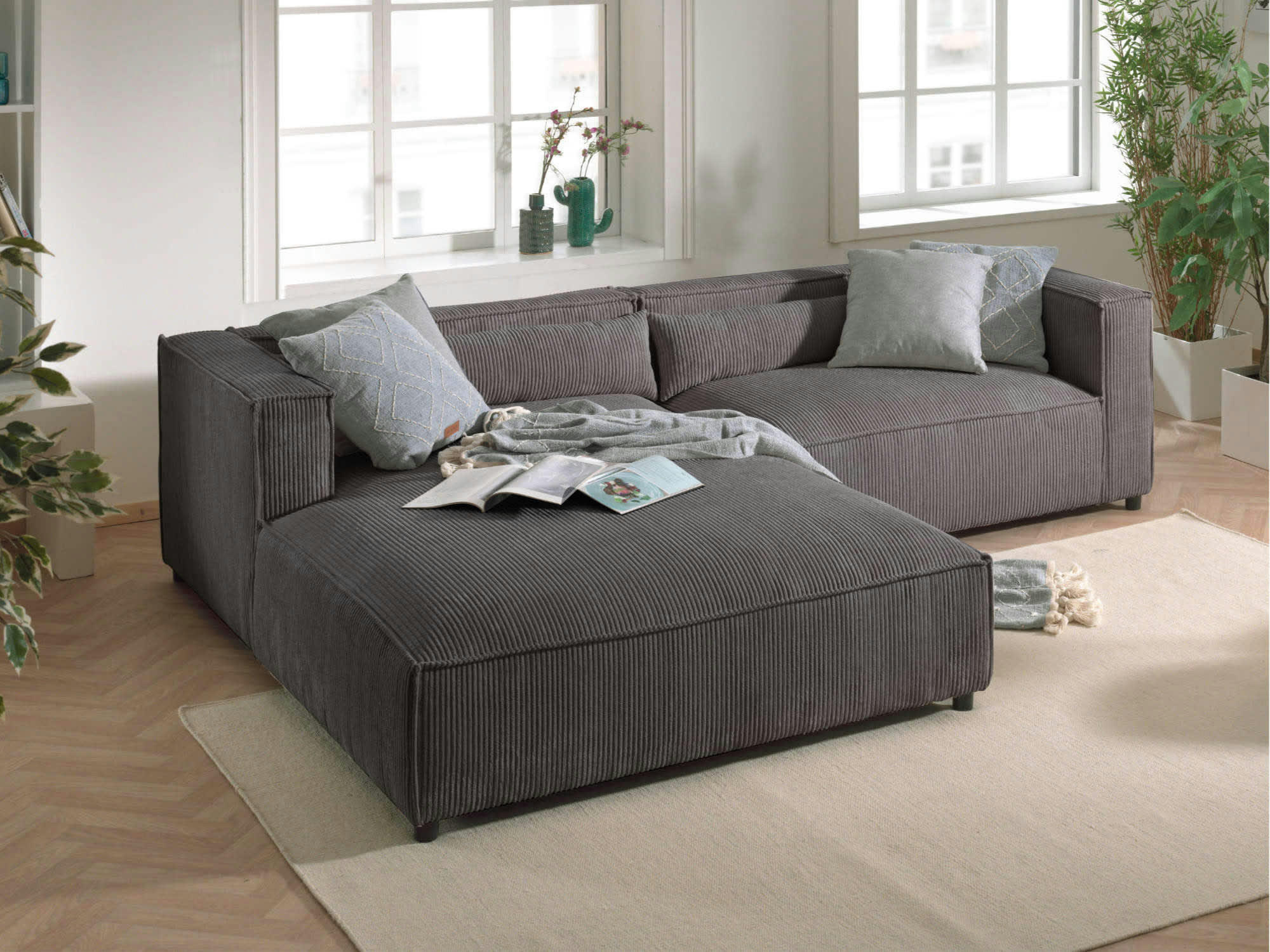 ELA - Canapé d'angle gauche 4 places en velours côtelé gris foncé